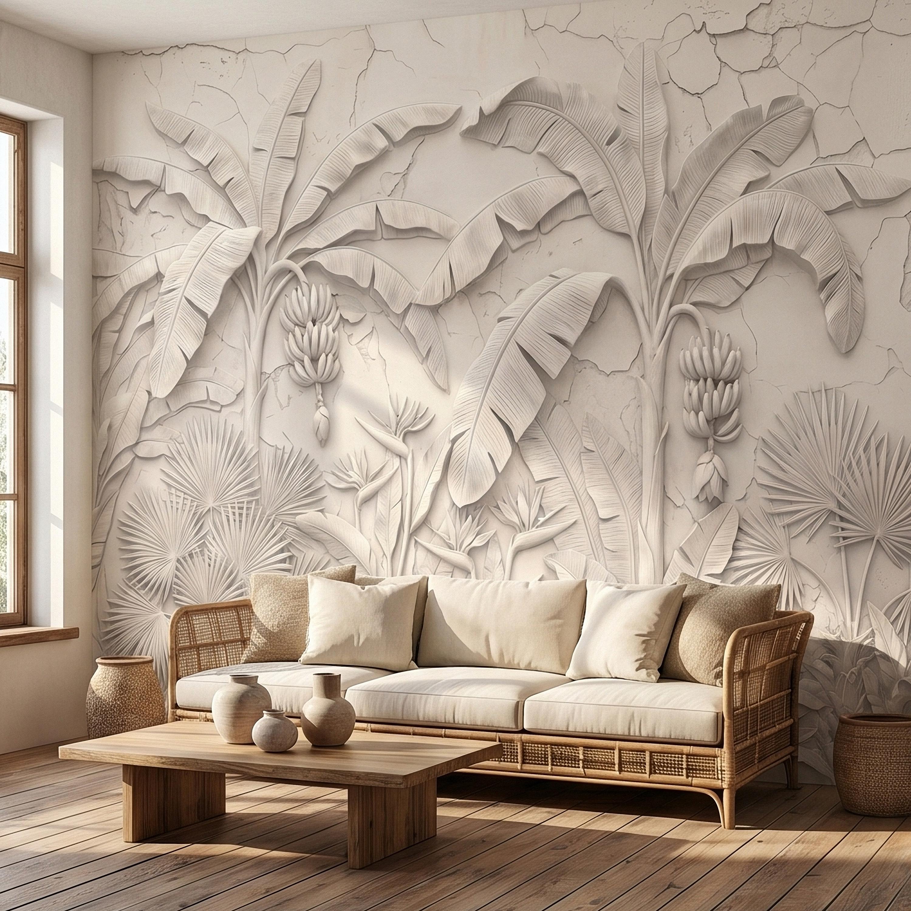 Neutral Ivory White Tropical Jungle Peel and Stick Wall Mural, 3D Plaster Banana Leaves and Palms, Textured Botanical Bas Relief Wallpaper