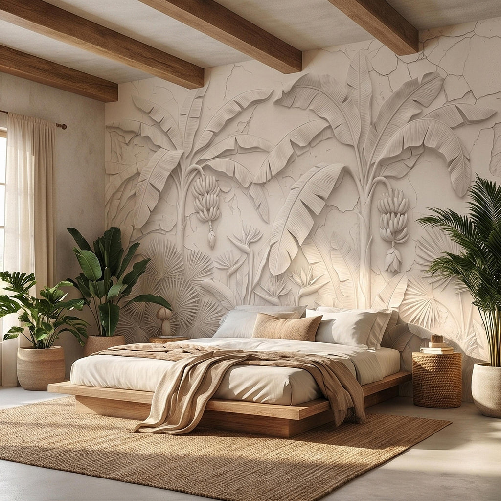 Neutral Ivory White Tropical Jungle Peel and Stick Wall Mural, 3D Plaster Banana Leaves and Palms, Textured Botanical Bas Relief Wallpaper