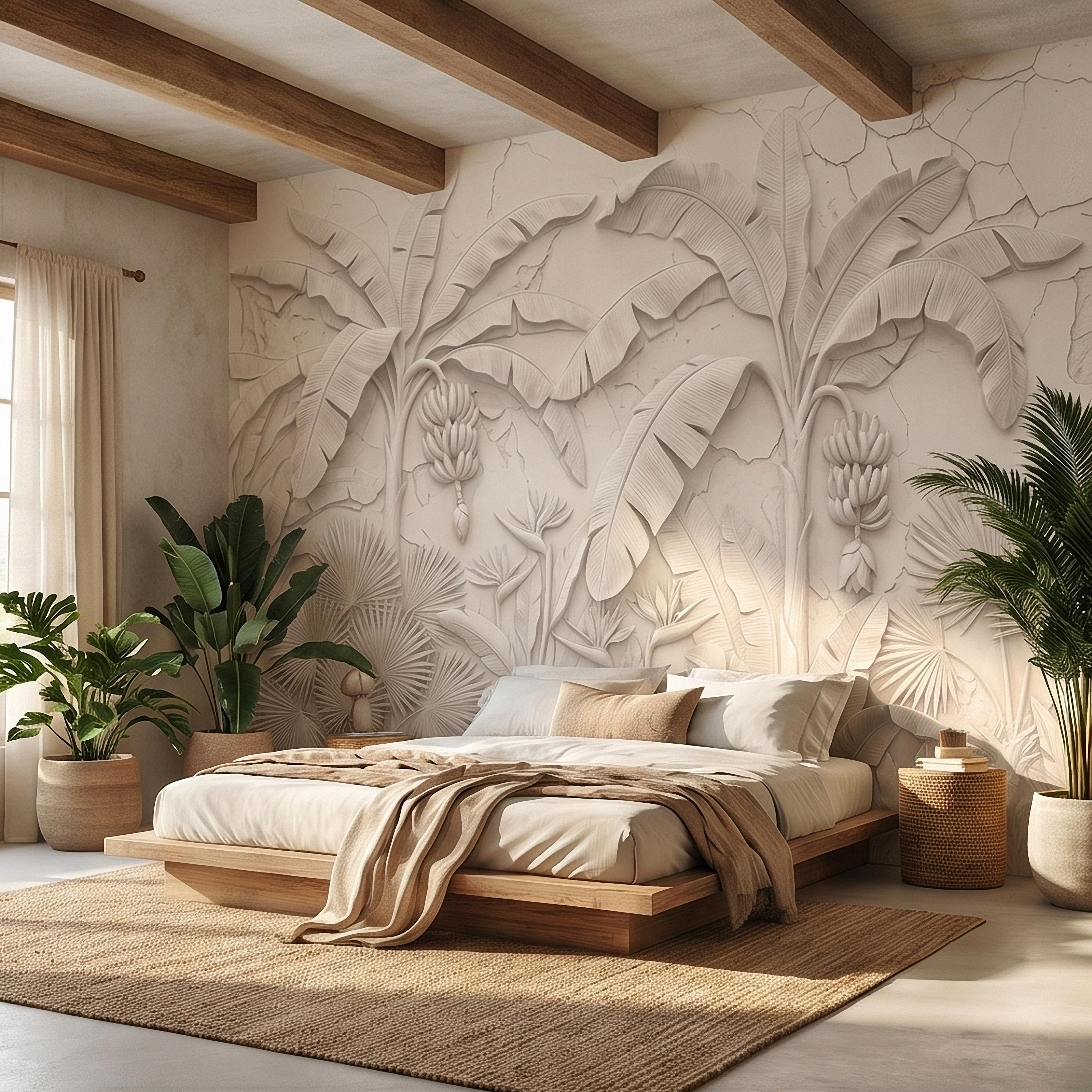 Neutral Ivory White Tropical Jungle Peel and Stick Wall Mural, 3D Plaster Banana Leaves and Palms, Textured Botanical Bas Relief Wallpaper