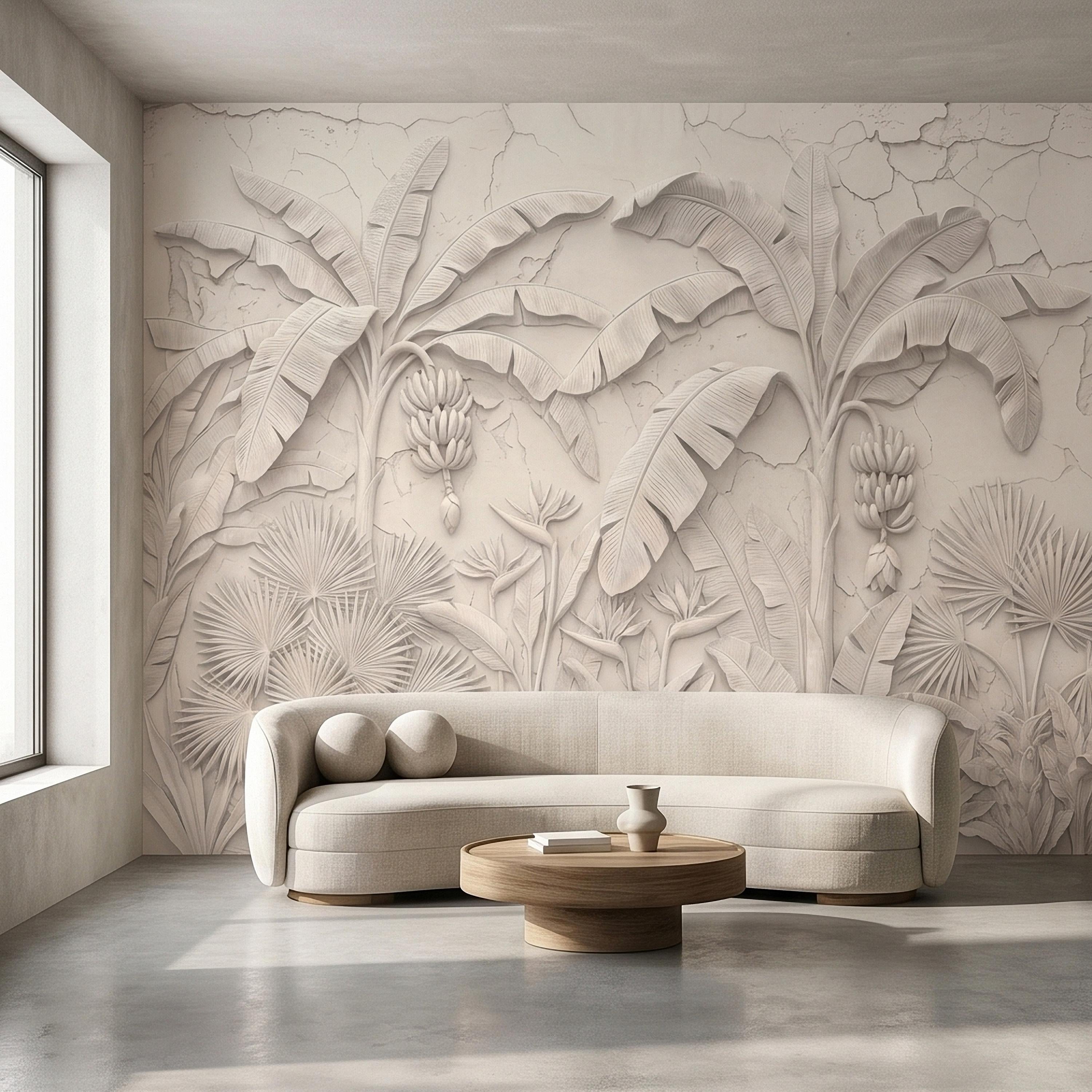 Neutral Ivory White Tropical Jungle Peel and Stick Wall Mural, 3D Plaster Banana Leaves and Palms, Textured Botanical Bas Relief Wallpaper