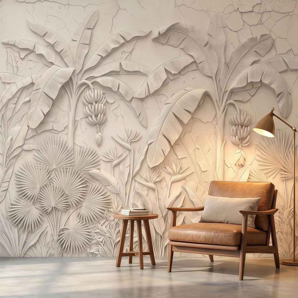 Neutral Ivory White Tropical Jungle Peel and Stick Wall Mural, 3D Plaster Banana Leaves and Palms, Textured Botanical Bas Relief Wallpaper