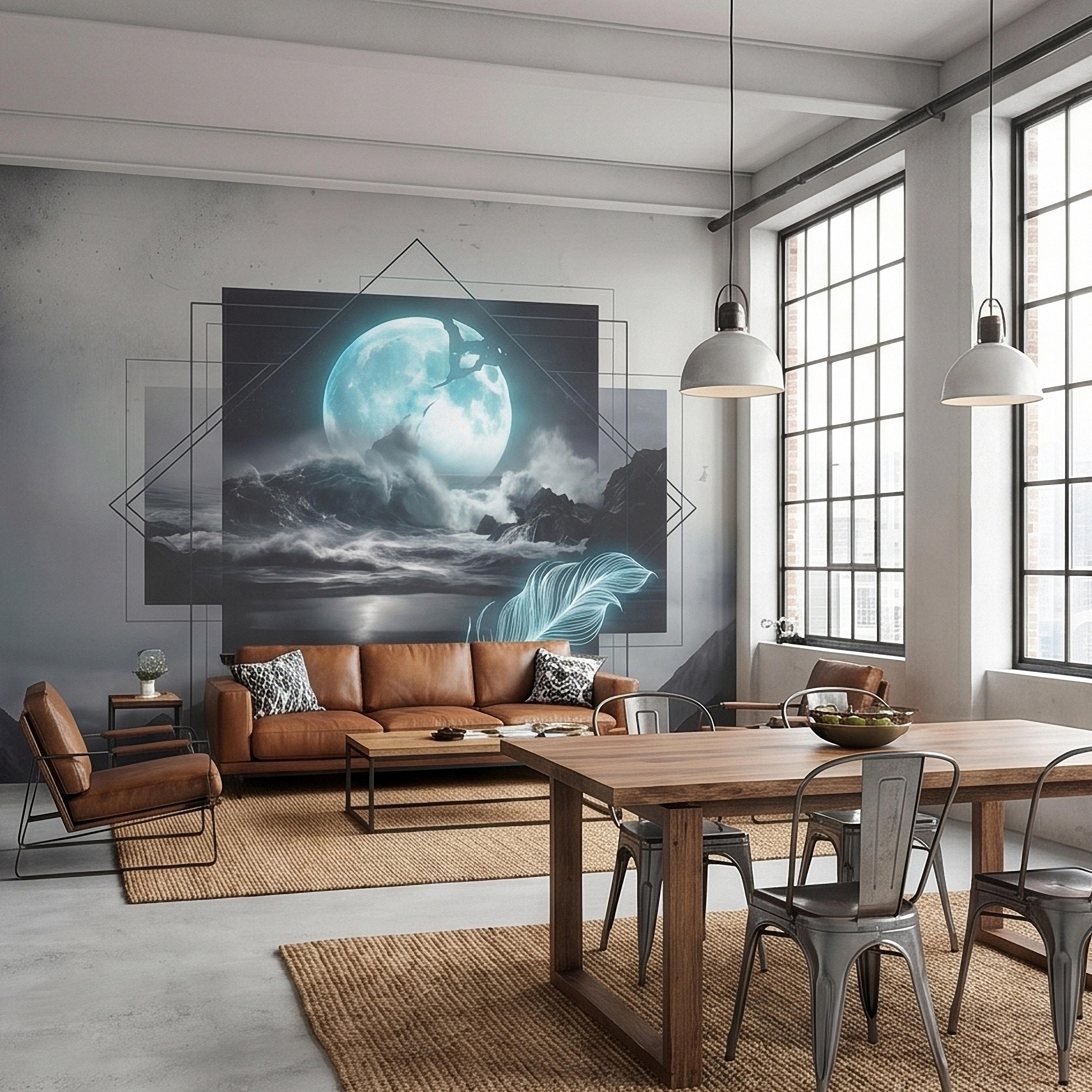 Moonlit Ocean Peel and Stick Wall Mural, Glowing Full Moon Over Stormy Waves, Geometric Frame Feather, Dark Surreal Celestial Wallpaper