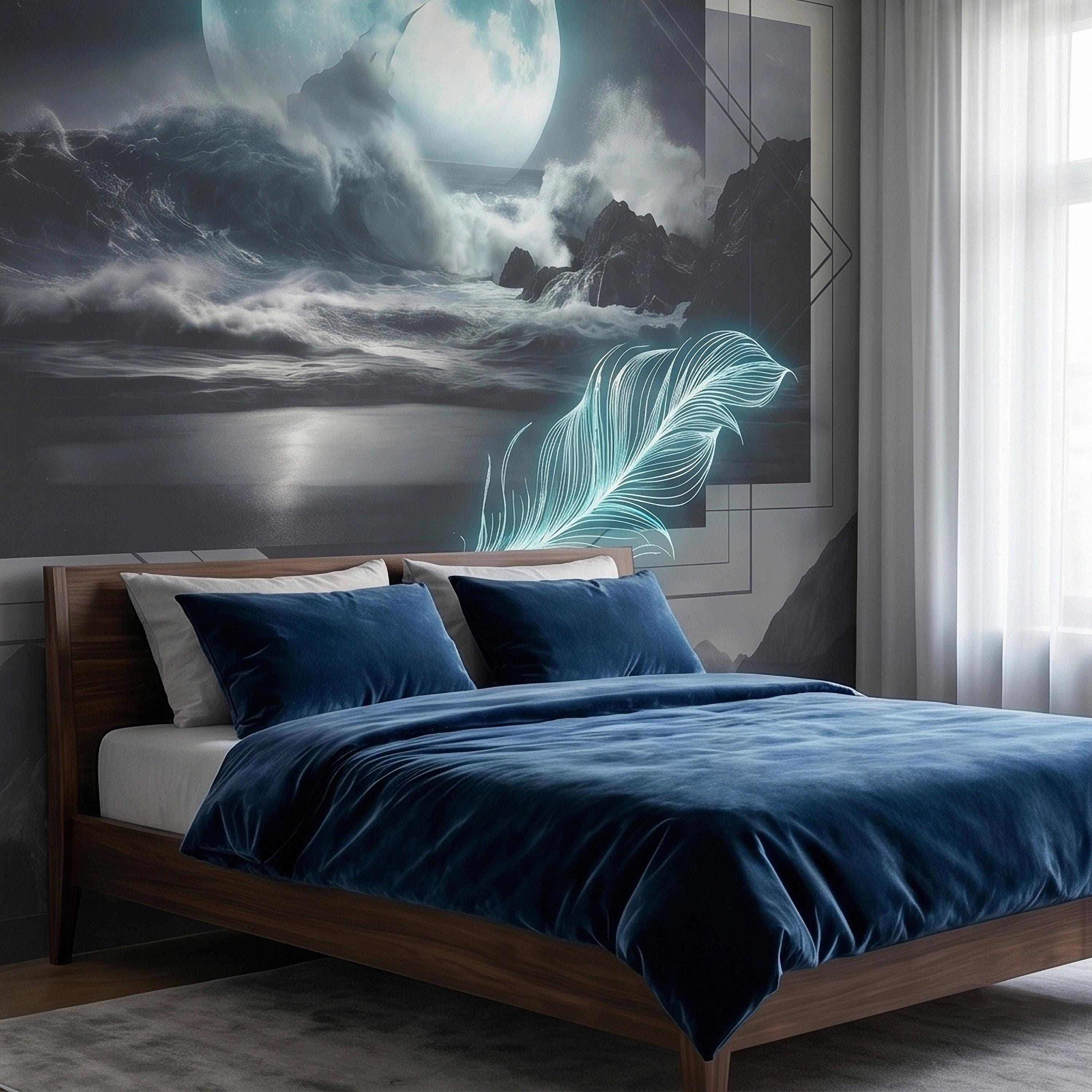 Moonlit Ocean Peel and Stick Wall Mural, Glowing Full Moon Over Stormy Waves, Geometric Frame Feather, Dark Surreal Celestial Wallpaper