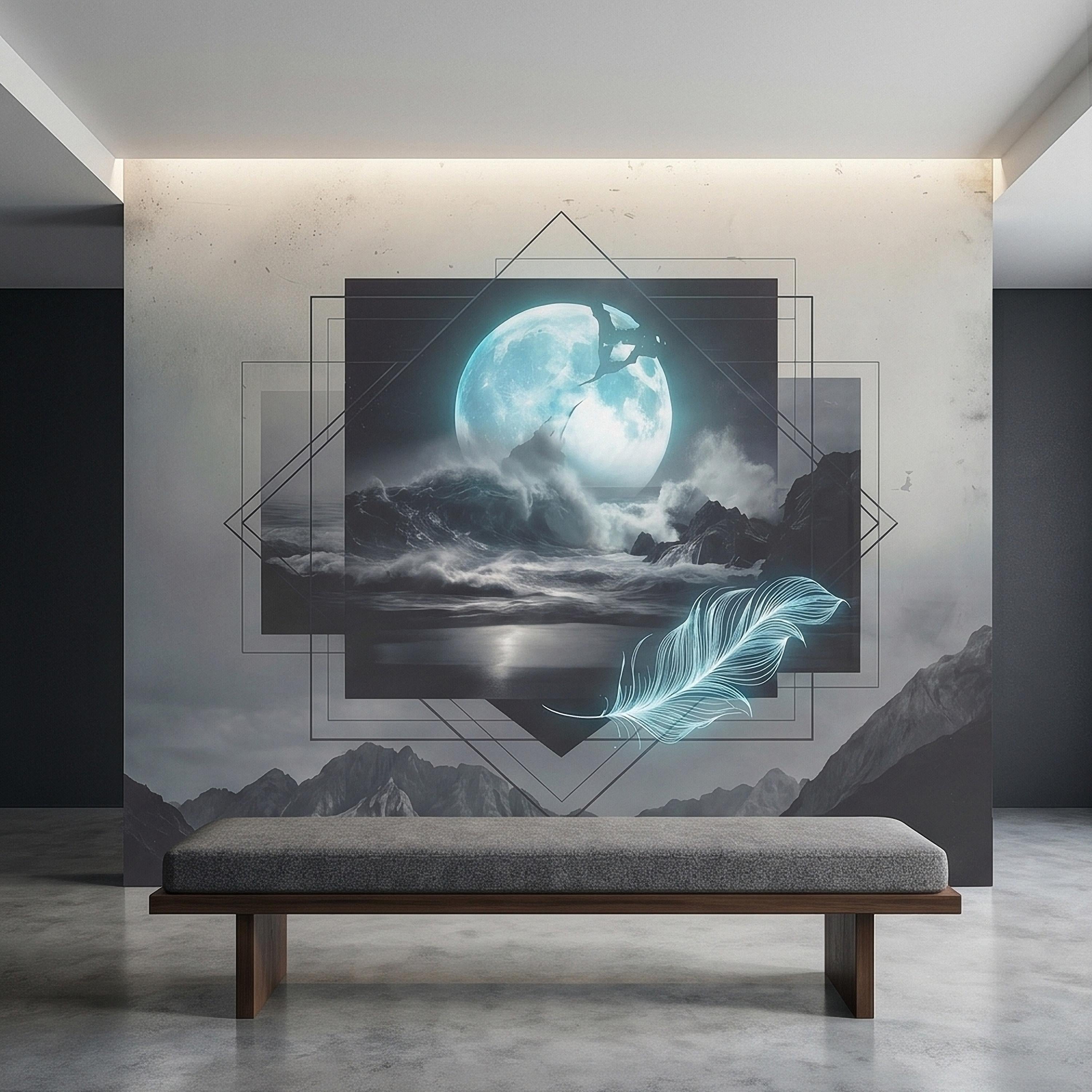 Moonlit Ocean Peel and Stick Wall Mural, Glowing Full Moon Over Stormy Waves, Geometric Frame Feather, Dark Surreal Celestial Wallpaper