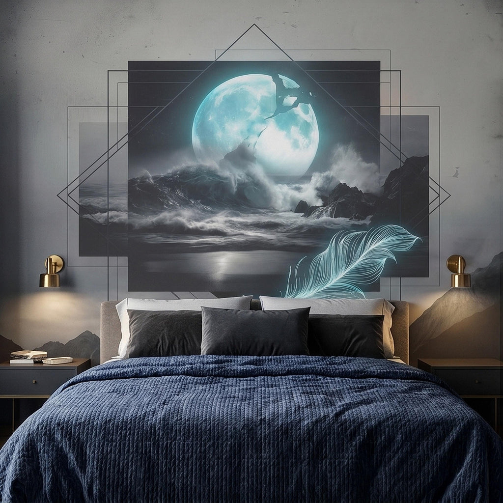 Moonlit Ocean Peel and Stick Wall Mural, Glowing Full Moon Over Stormy Waves, Geometric Frame Feather, Dark Surreal Celestial Wallpaper