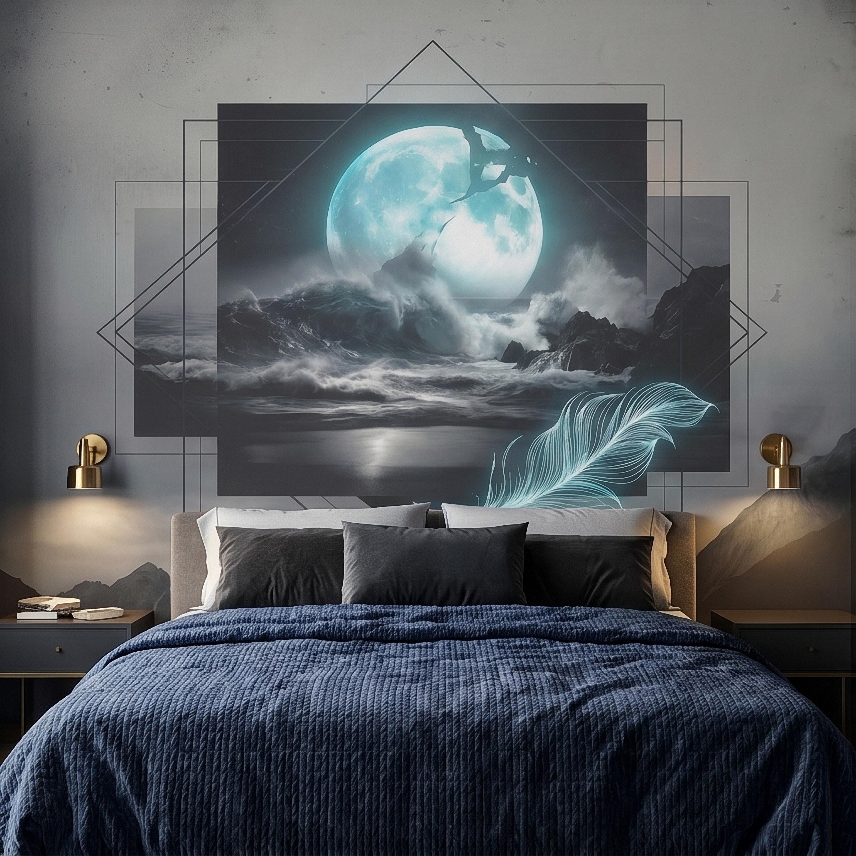 Moonlit Ocean Peel and Stick Wall Mural, Glowing Full Moon Over Stormy Waves, Geometric Frame Feather, Dark Surreal Celestial Wallpaper