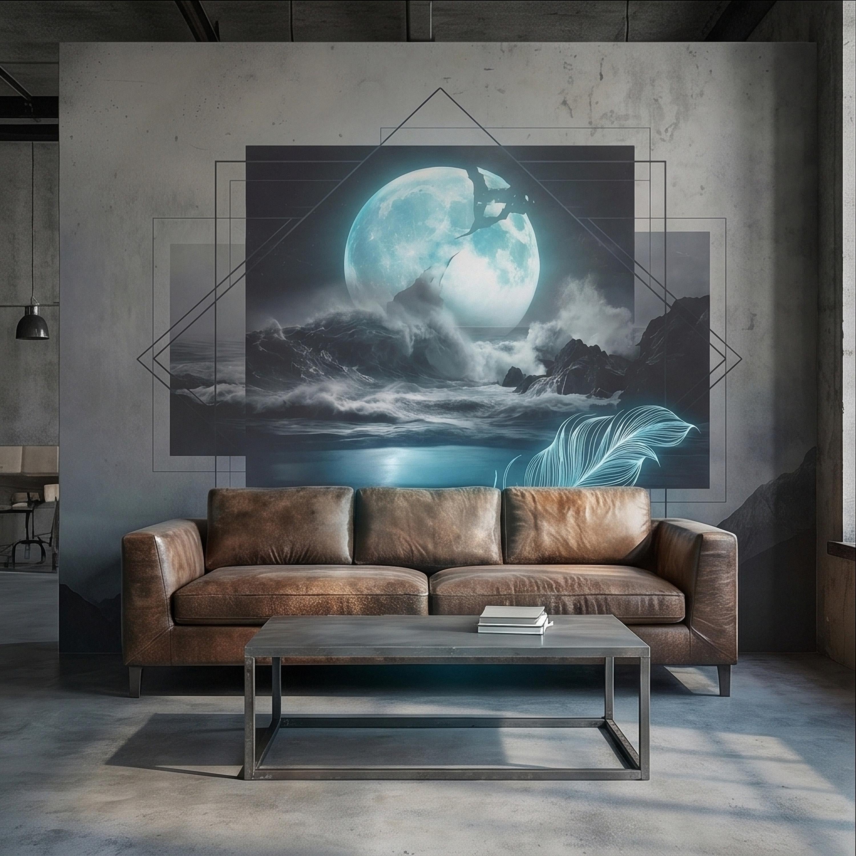 Moonlit Ocean Peel and Stick Wall Mural, Glowing Full Moon Over Stormy Waves, Geometric Frame Feather, Dark Surreal Celestial Wallpaper
