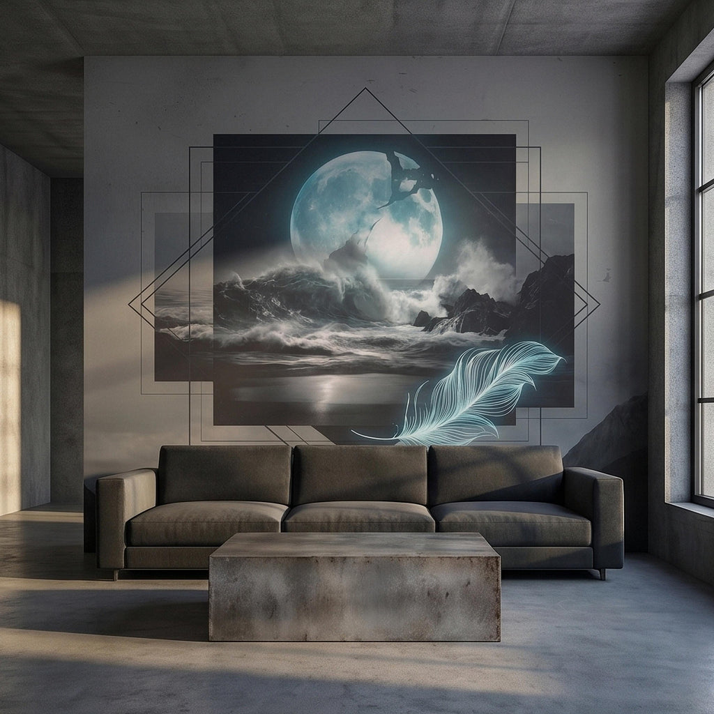 Moonlit Ocean Peel and Stick Wall Mural, Glowing Full Moon Over Stormy Waves, Geometric Frame Feather, Dark Surreal Celestial Wallpaper