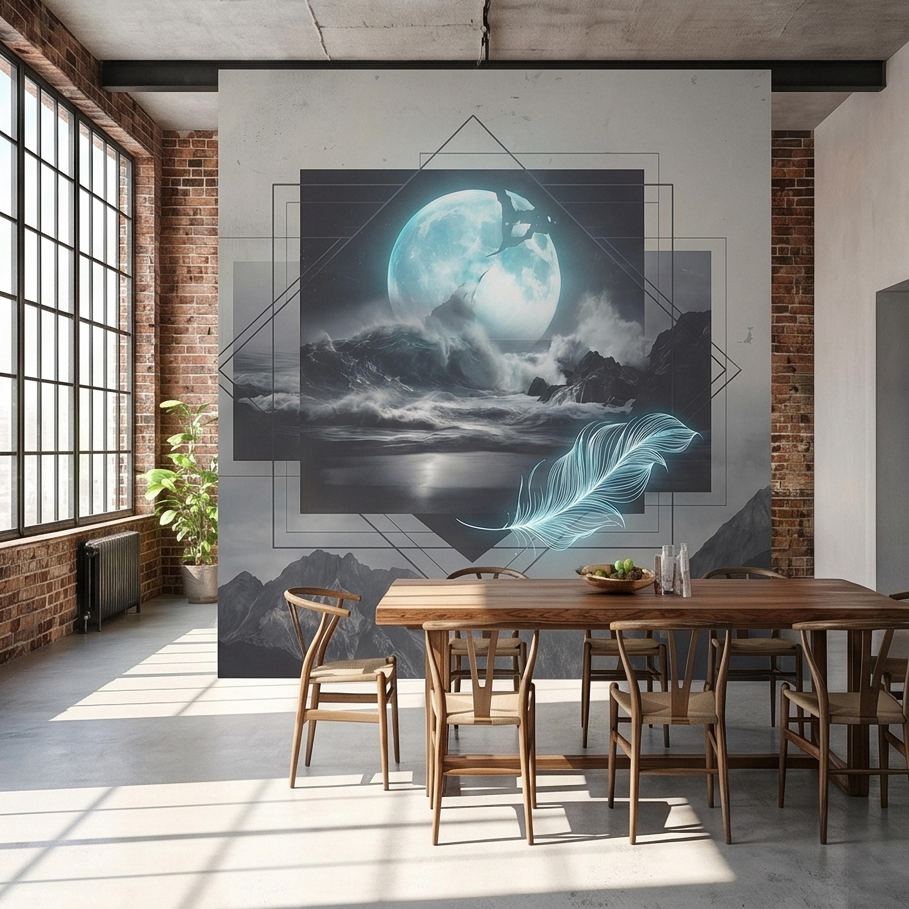 Moonlit Ocean Peel and Stick Wall Mural, Glowing Full Moon Over Stormy Waves, Geometric Frame Feather, Dark Surreal Celestial Wallpaper