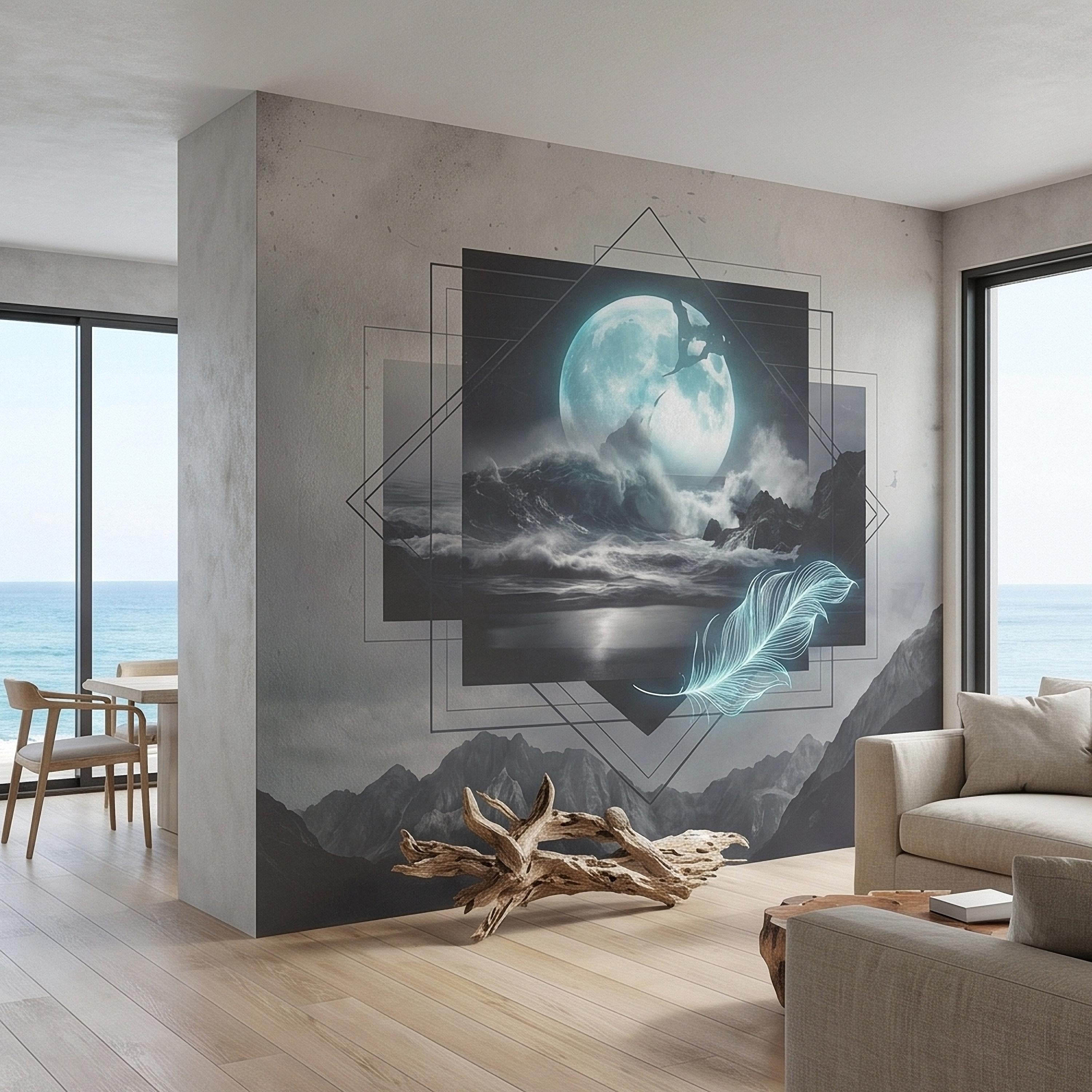 Moonlit Ocean Peel and Stick Wall Mural, Glowing Full Moon Over Stormy Waves, Geometric Frame Feather, Dark Surreal Celestial Wallpaper