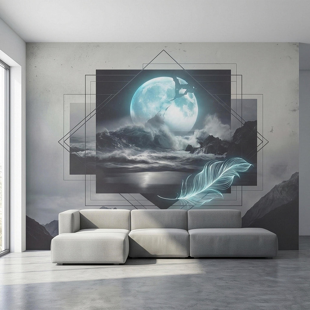 Moonlit Ocean Peel and Stick Wall Mural, Glowing Full Moon Over Stormy Waves, Geometric Frame Feather, Dark Surreal Celestial Wallpaper