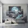 Moonlit Ocean Peel and Stick Wall Mural, Glowing Full Moon Over Stormy Waves, Geometric Frame Feather, Dark Surreal Celestial Wallpaper