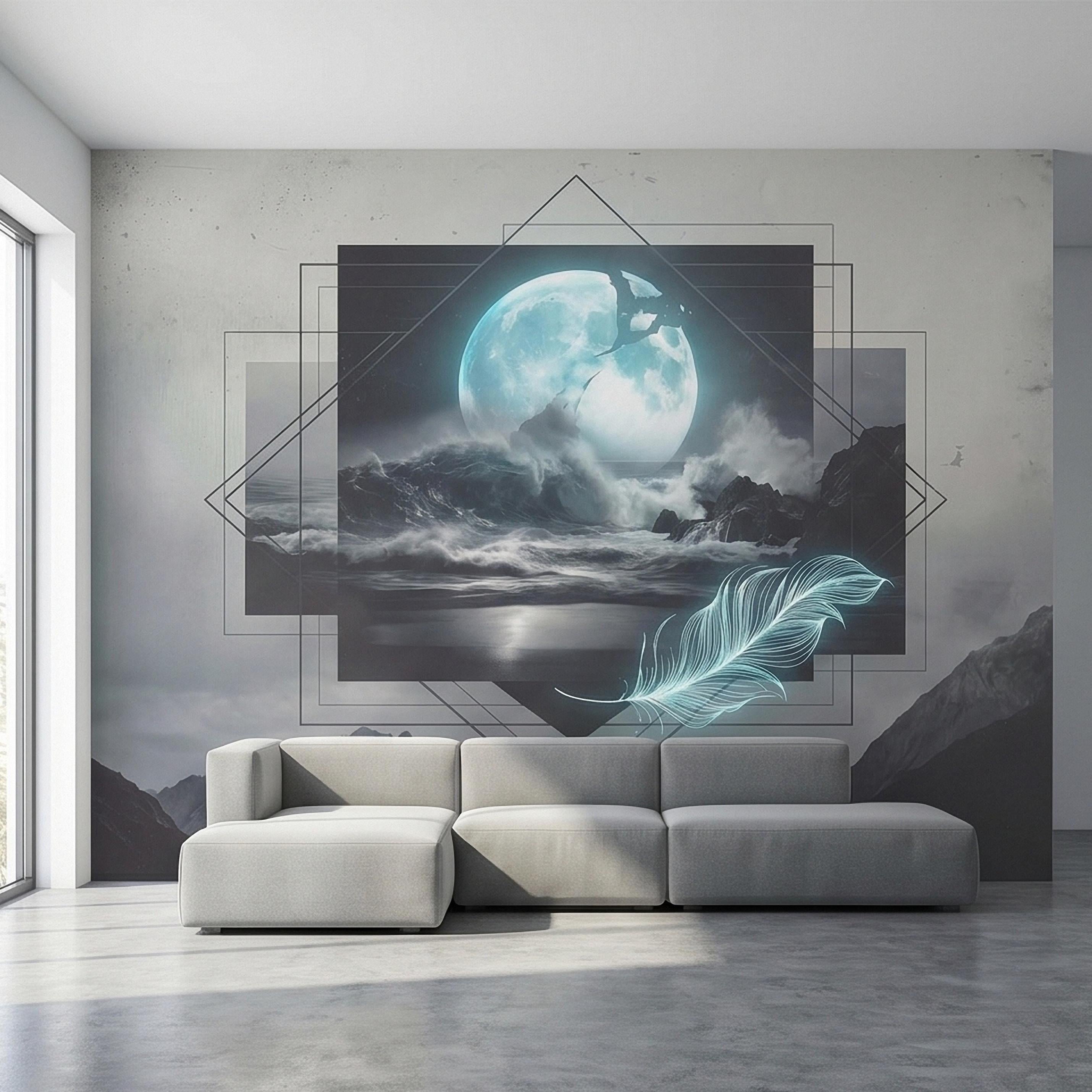 Moonlit Ocean Peel and Stick Wall Mural, Glowing Full Moon Over Stormy Waves, Geometric Frame Feather, Dark Surreal Celestial Wallpaper
