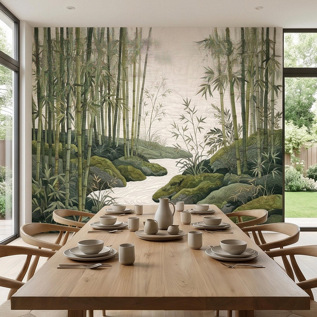 Zen Bamboo Forest Peel and Stick Wall Mural, Japanese Garden Landscape with Tranquil River and Mossy Rocks, Serene Green Botanical Wallpaper