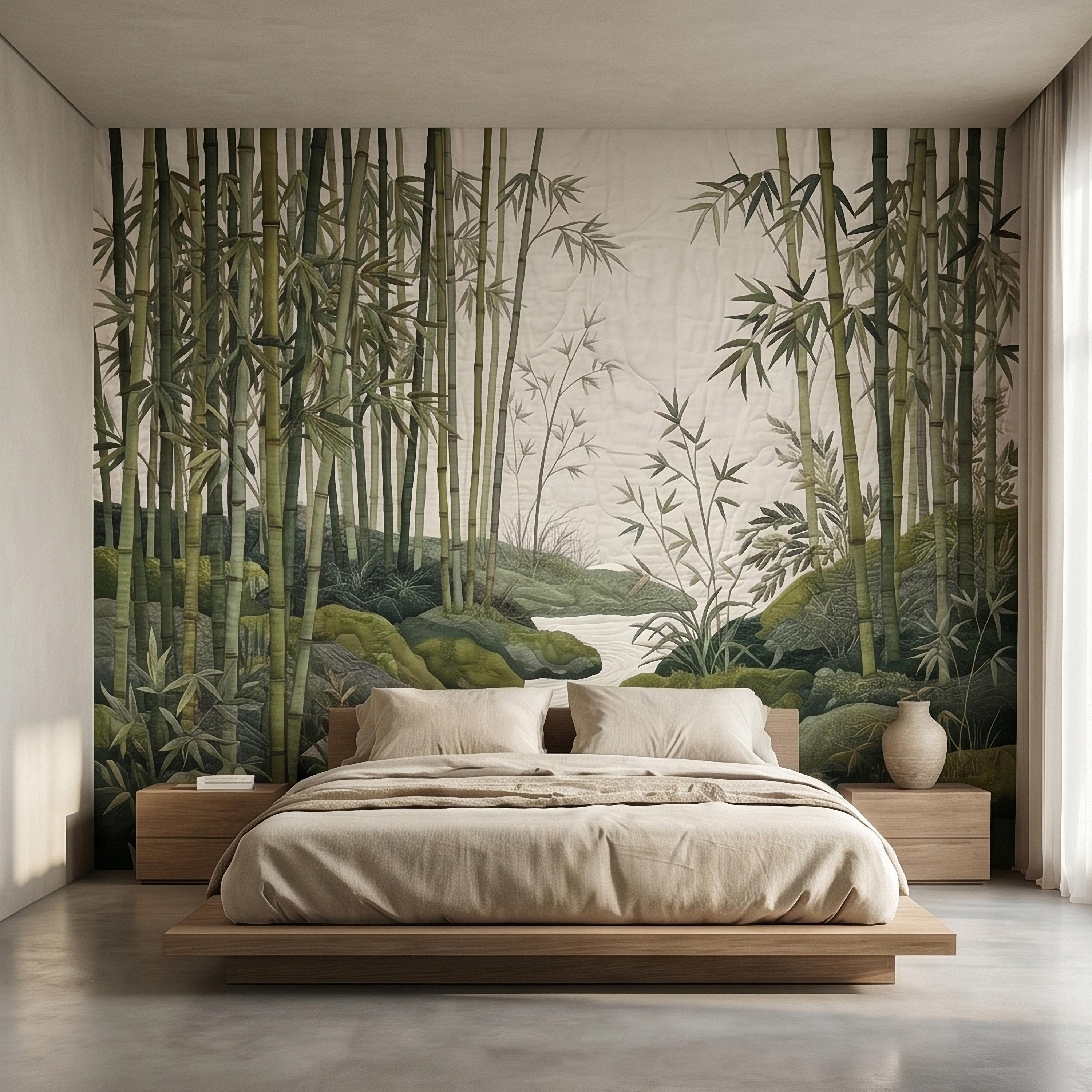 Zen Bamboo Forest Peel and Stick Wall Mural, Japanese Garden Landscape with Tranquil River and Mossy Rocks, Serene Green Botanical Wallpaper