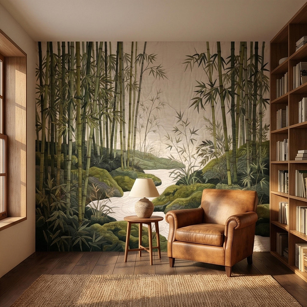 Zen Bamboo Forest Peel and Stick Wall Mural, Japanese Garden Landscape with Tranquil River and Mossy Rocks, Serene Green Botanical Wallpaper