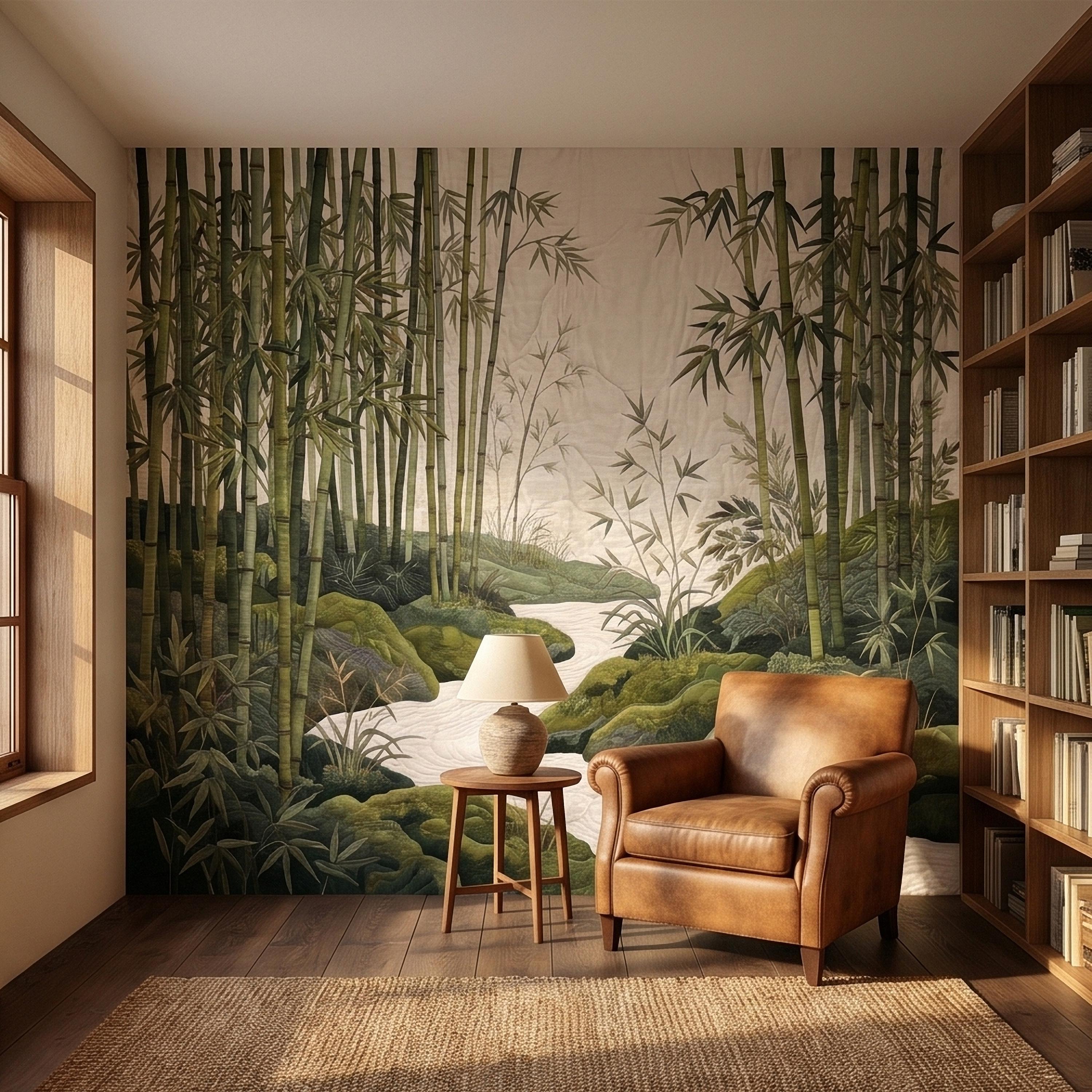 Zen Bamboo Forest Peel and Stick Wall Mural, Japanese Garden Landscape with Tranquil River and Mossy Rocks, Serene Green Botanical Wallpaper