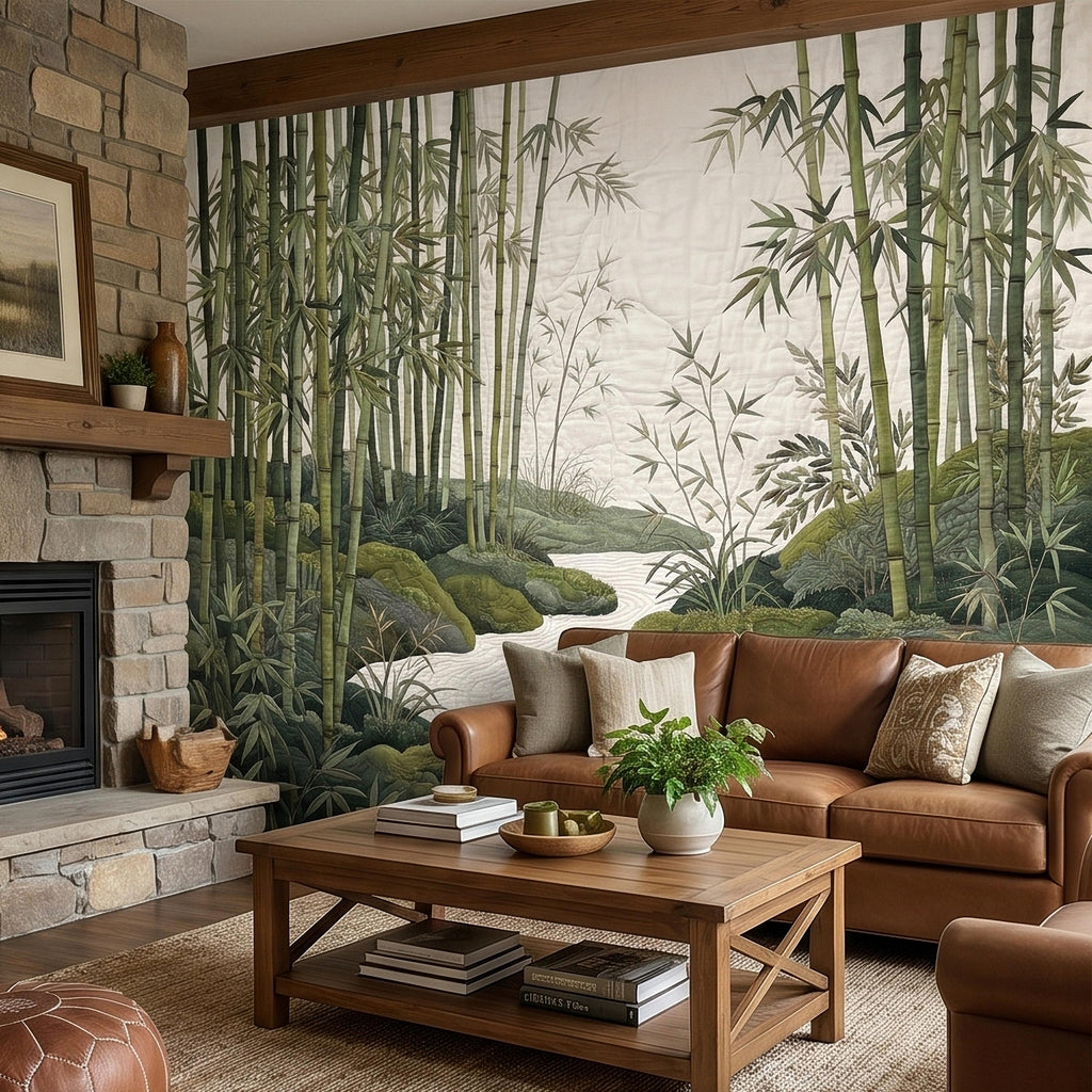 Zen Bamboo Forest Peel and Stick Wall Mural, Japanese Garden Landscape with Tranquil River and Mossy Rocks, Serene Green Botanical Wallpaper