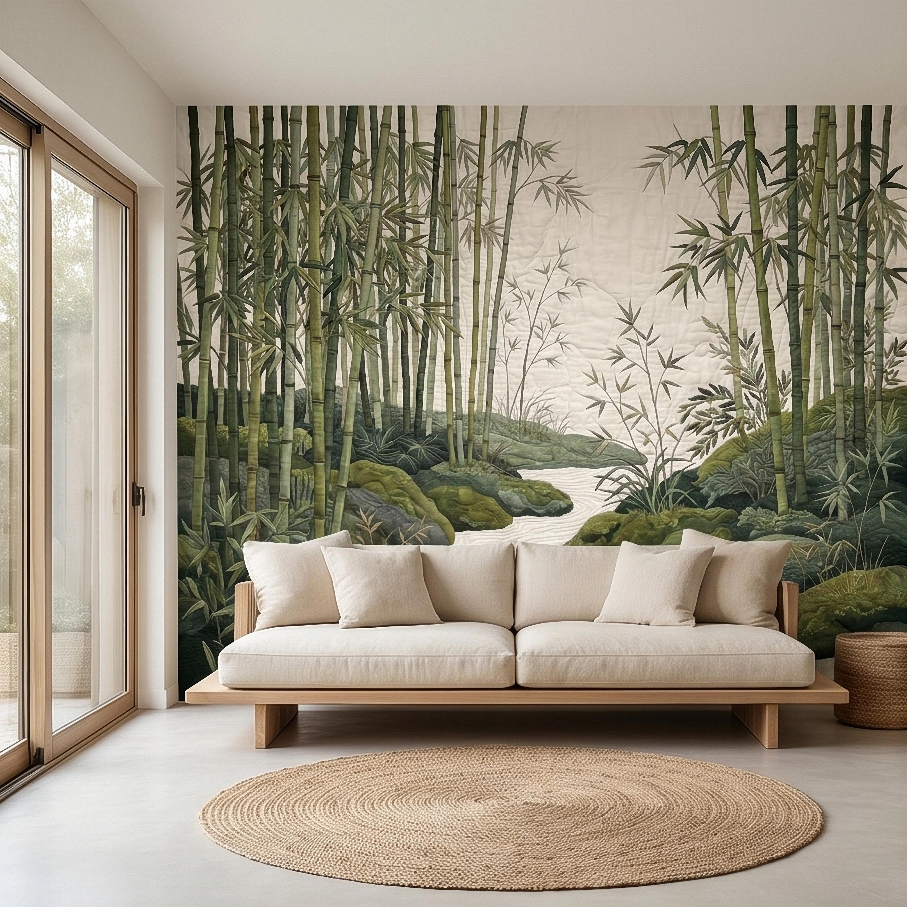 Zen Bamboo Forest Peel and Stick Wall Mural, Japanese Garden Landscape with Tranquil River and Mossy Rocks, Serene Green Botanical Wallpaper