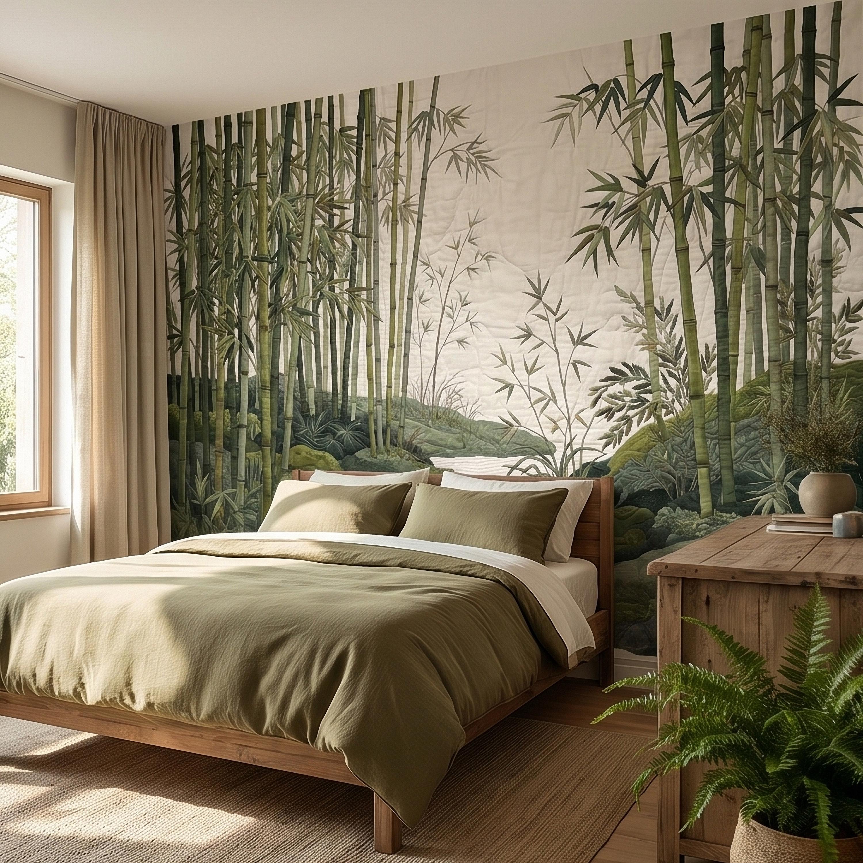Zen Bamboo Forest Peel and Stick Wall Mural, Japanese Garden Landscape with Tranquil River and Mossy Rocks, Serene Green Botanical Wallpaper