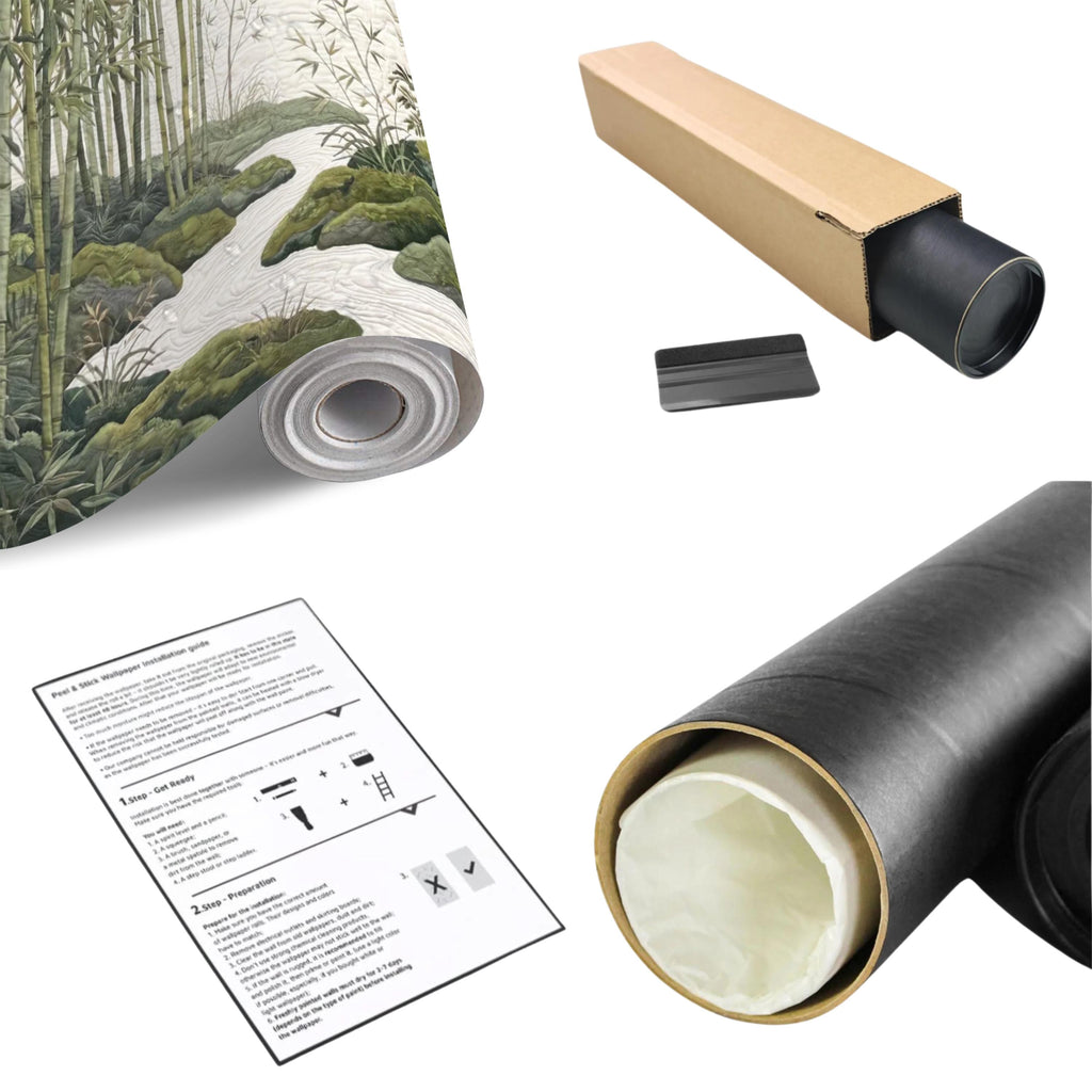 Zen Bamboo Forest Peel and Stick Wall Mural, Japanese Garden Landscape with Tranquil River and Mossy Rocks, Serene Green Botanical Wallpaper