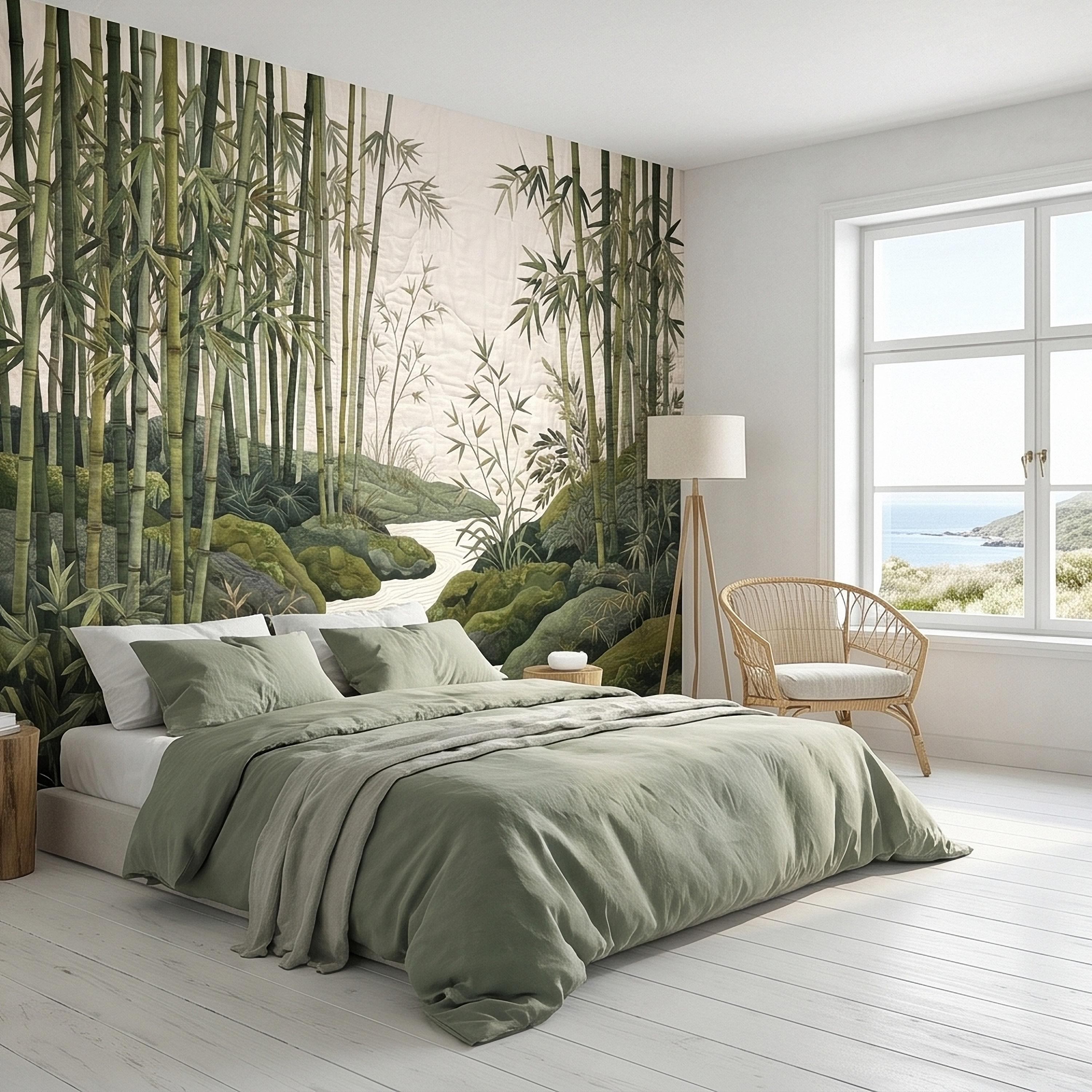 Zen Bamboo Forest Peel and Stick Wall Mural, Japanese Garden Landscape with Tranquil River and Mossy Rocks, Serene Green Botanical Wallpaper