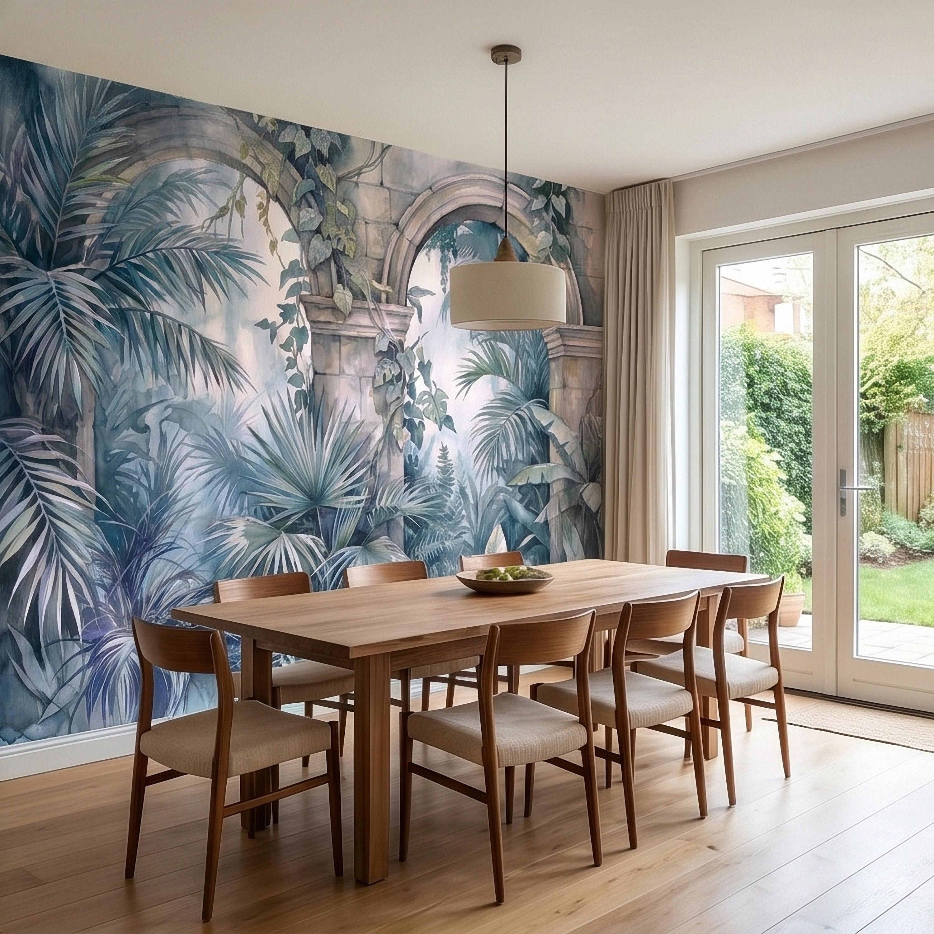 Watercolor Tropical Archway Peel and Stick Wall Mural, Misty Jungle Stone Ruins with Palms Vines & Ferns Moody Overgrown Botanical Wallpaper