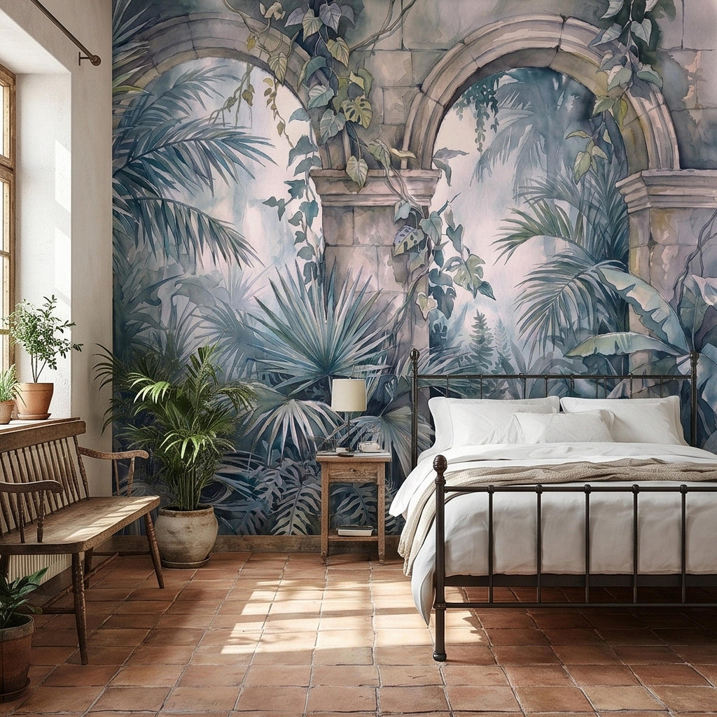 Watercolor Tropical Archway Peel and Stick Wall Mural, Misty Jungle Stone Ruins with Palms Vines & Ferns Moody Overgrown Botanical Wallpaper