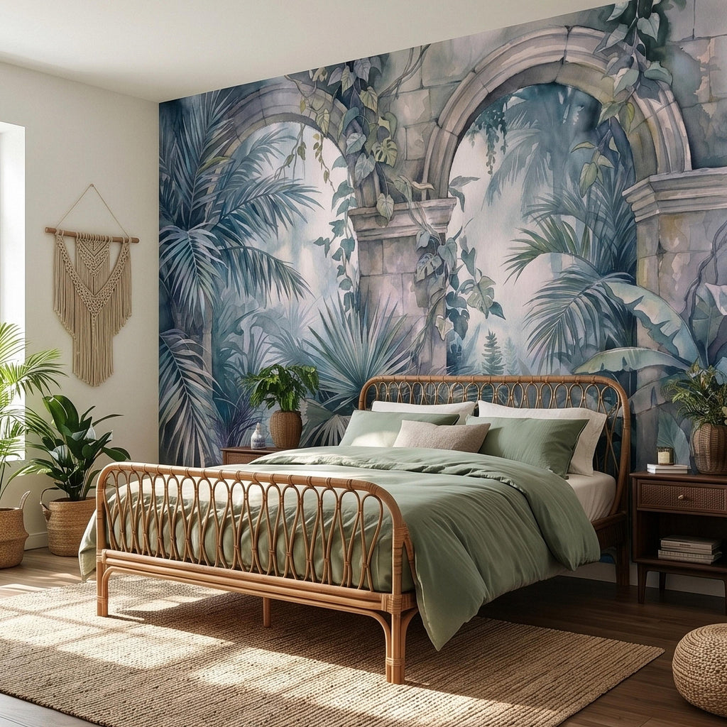 Watercolor Tropical Archway Peel and Stick Wall Mural, Misty Jungle Stone Ruins with Palms Vines & Ferns Moody Overgrown Botanical Wallpaper