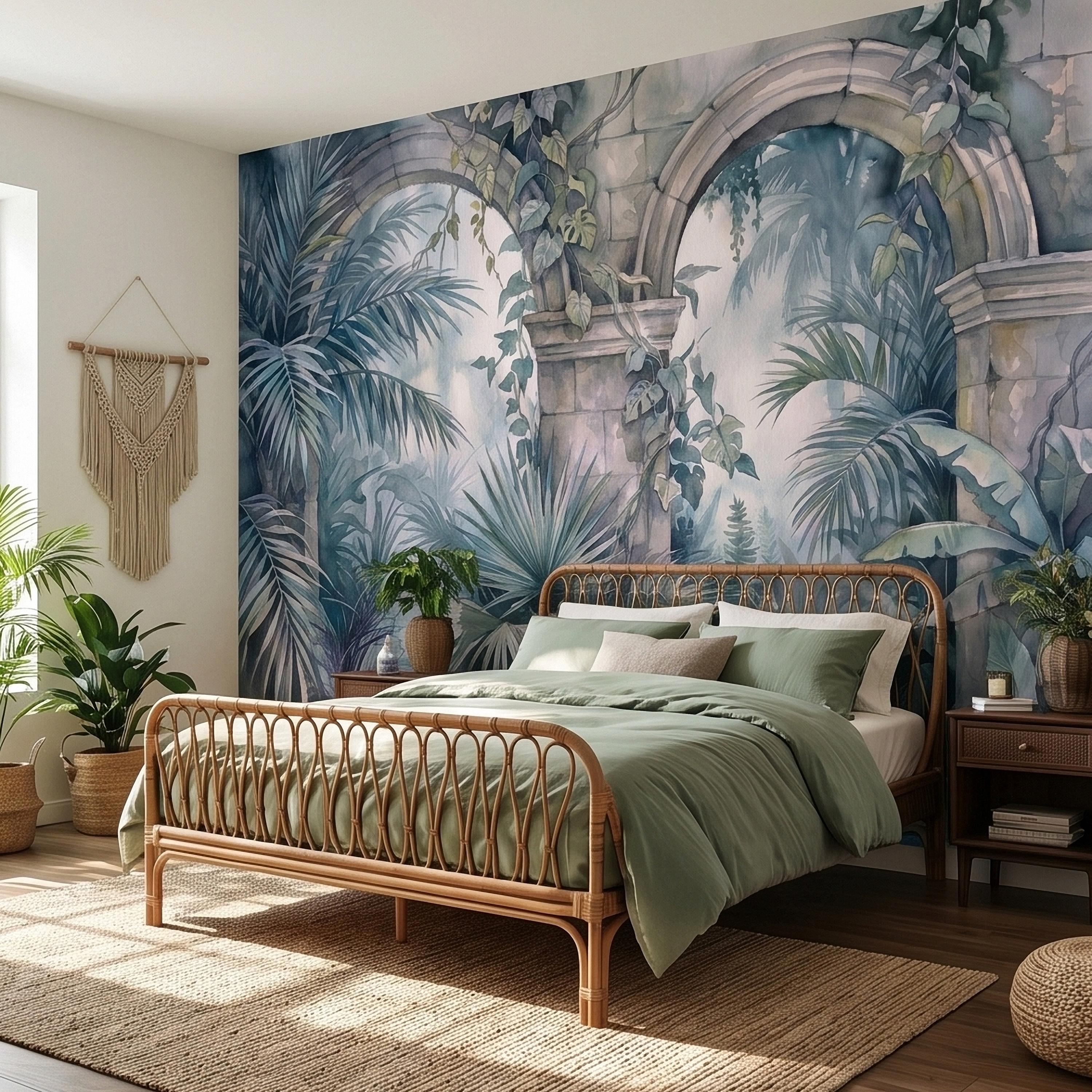 Watercolor Tropical Archway Peel and Stick Wall Mural, Misty Jungle Stone Ruins with Palms Vines & Ferns Moody Overgrown Botanical Wallpaper