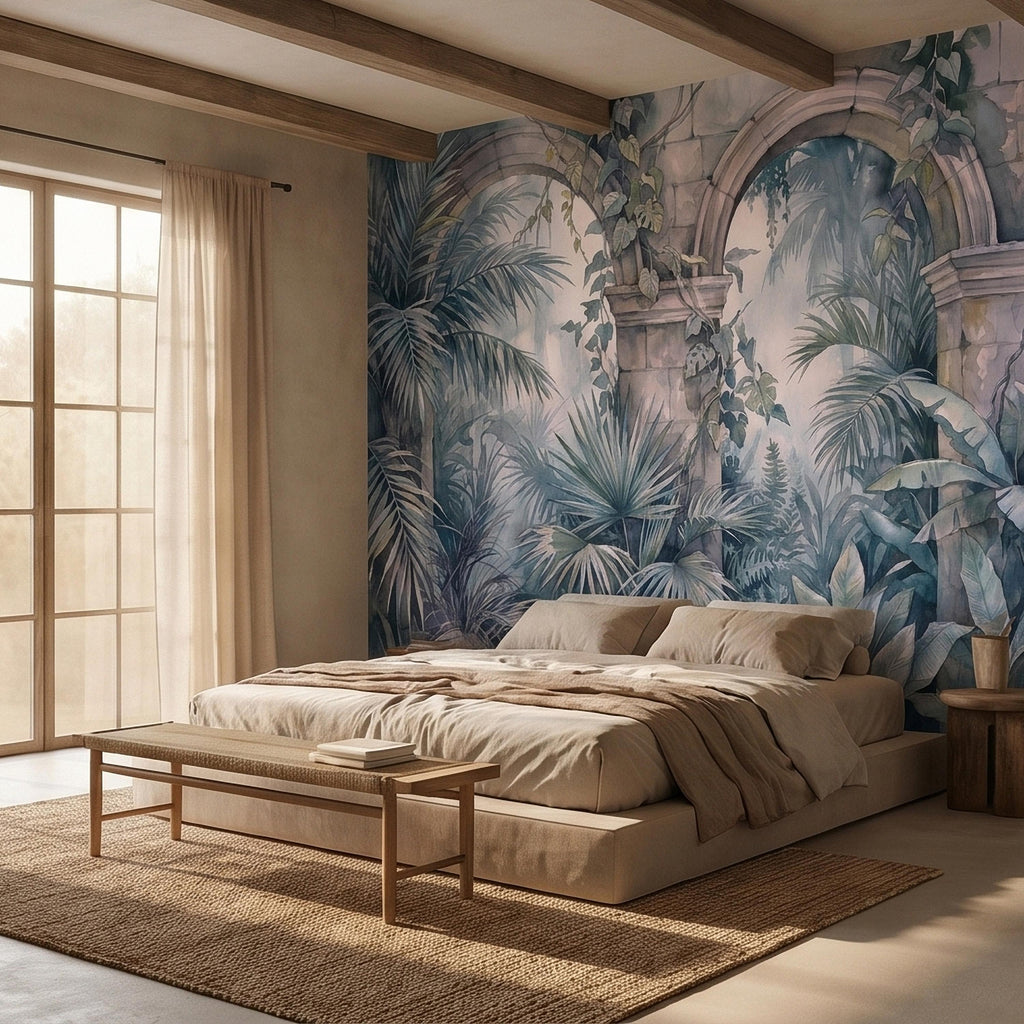 Watercolor Tropical Archway Peel and Stick Wall Mural, Misty Jungle Stone Ruins with Palms Vines & Ferns Moody Overgrown Botanical Wallpaper