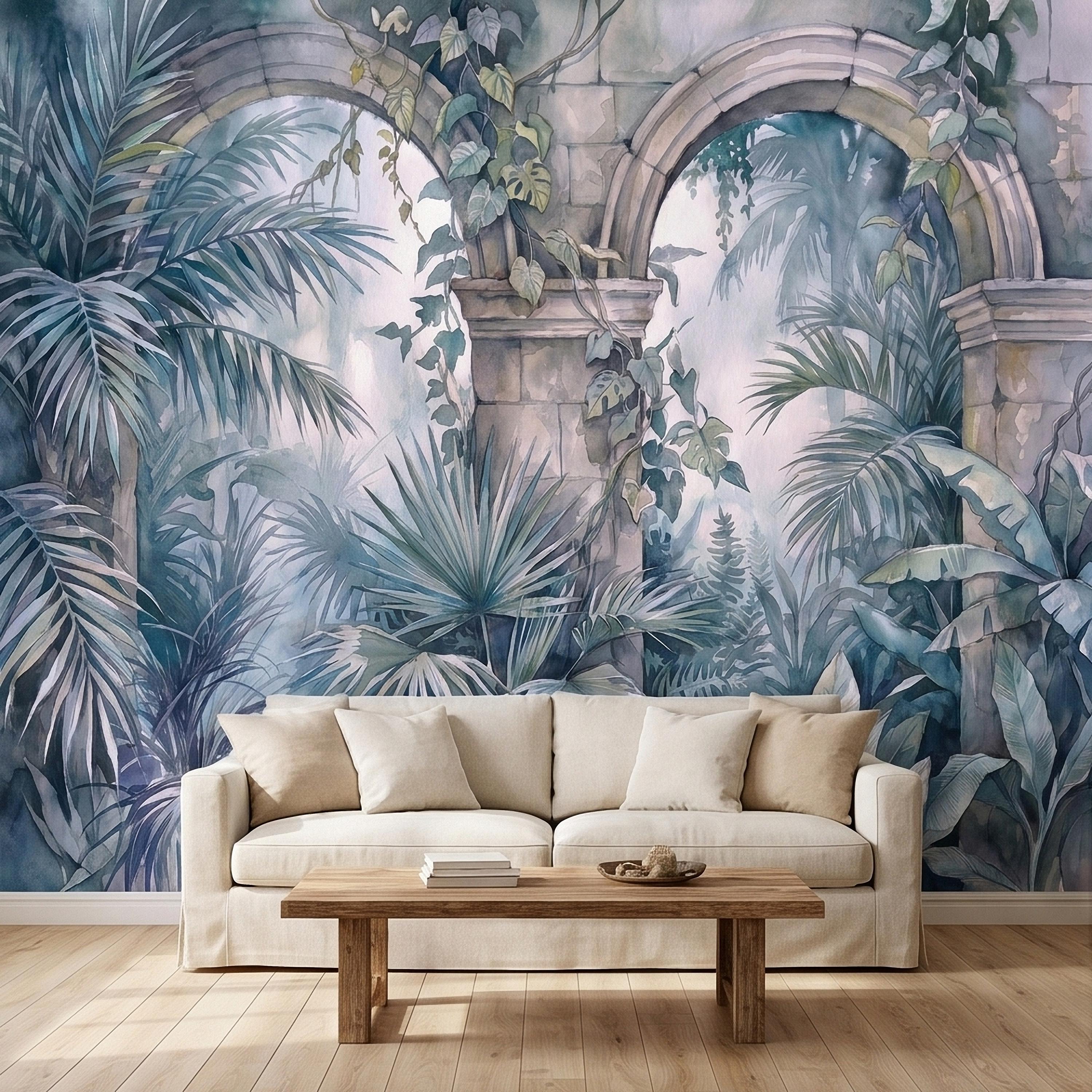 Watercolor Tropical Archway Peel and Stick Wall Mural, Misty Jungle Stone Ruins with Palms Vines & Ferns Moody Overgrown Botanical Wallpaper