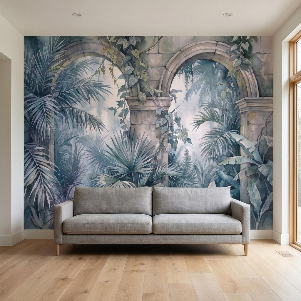 Watercolor Tropical Archway Peel and Stick Wall Mural, Misty Jungle Stone Ruins with Palms Vines & Ferns Moody Overgrown Botanical Wallpaper