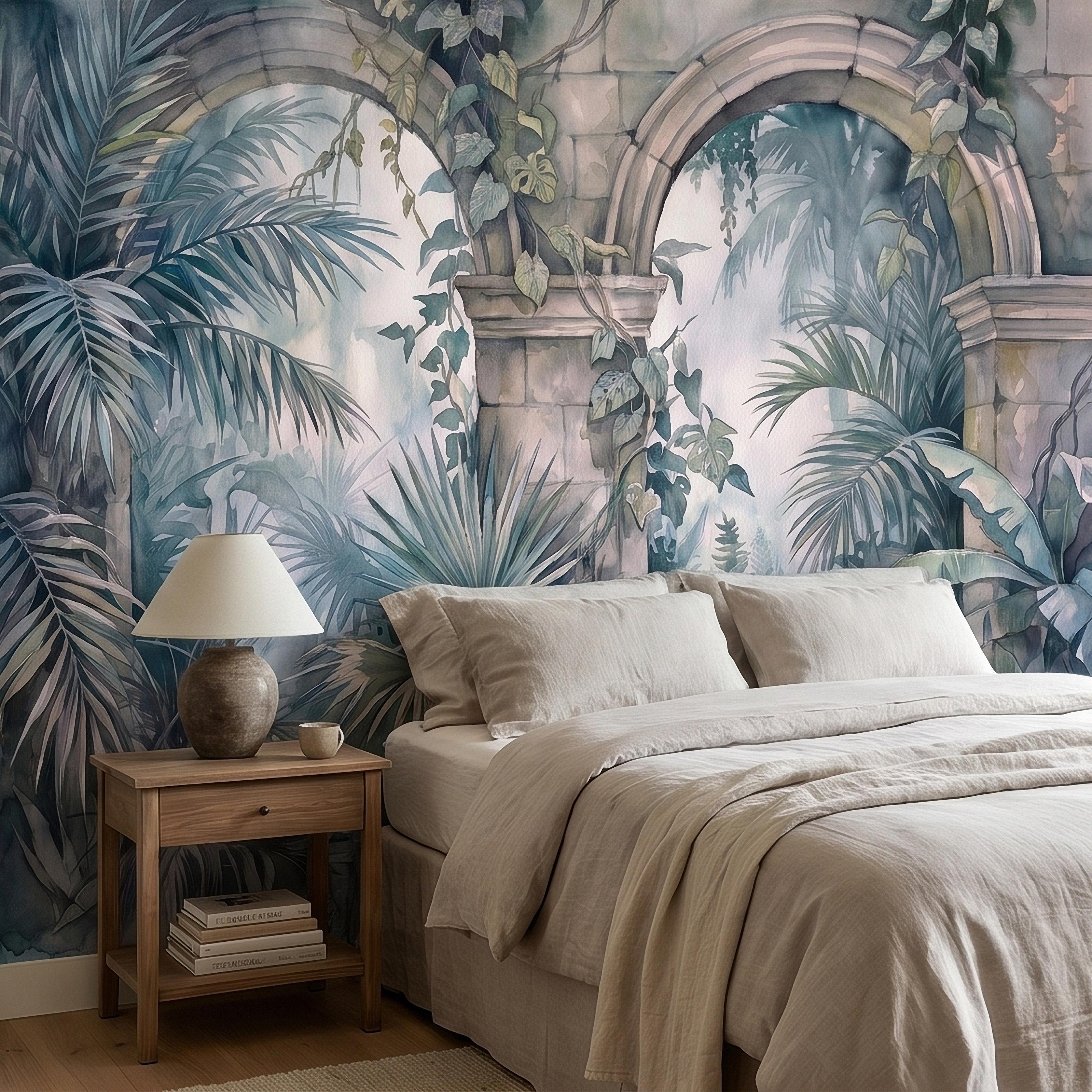 Watercolor Tropical Archway Peel and Stick Wall Mural, Misty Jungle Stone Ruins with Palms Vines & Ferns Moody Overgrown Botanical Wallpaper