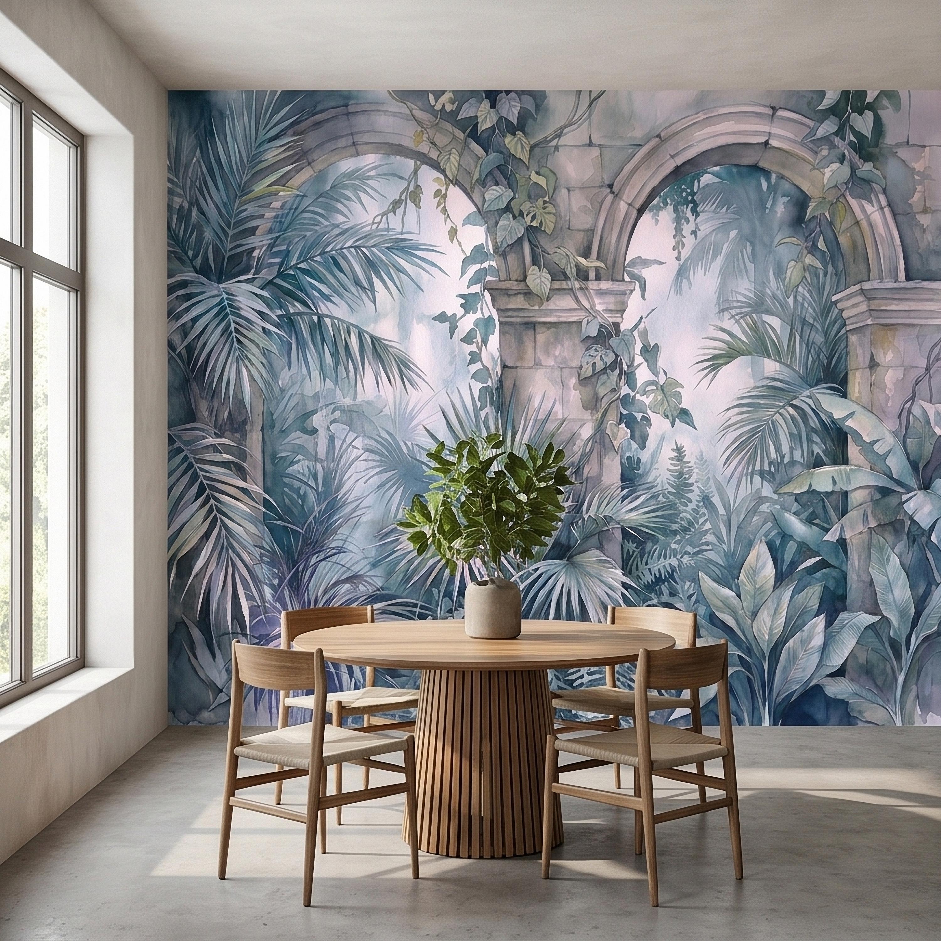 Watercolor Tropical Archway Peel and Stick Wall Mural, Misty Jungle Stone Ruins with Palms Vines & Ferns Moody Overgrown Botanical Wallpaper