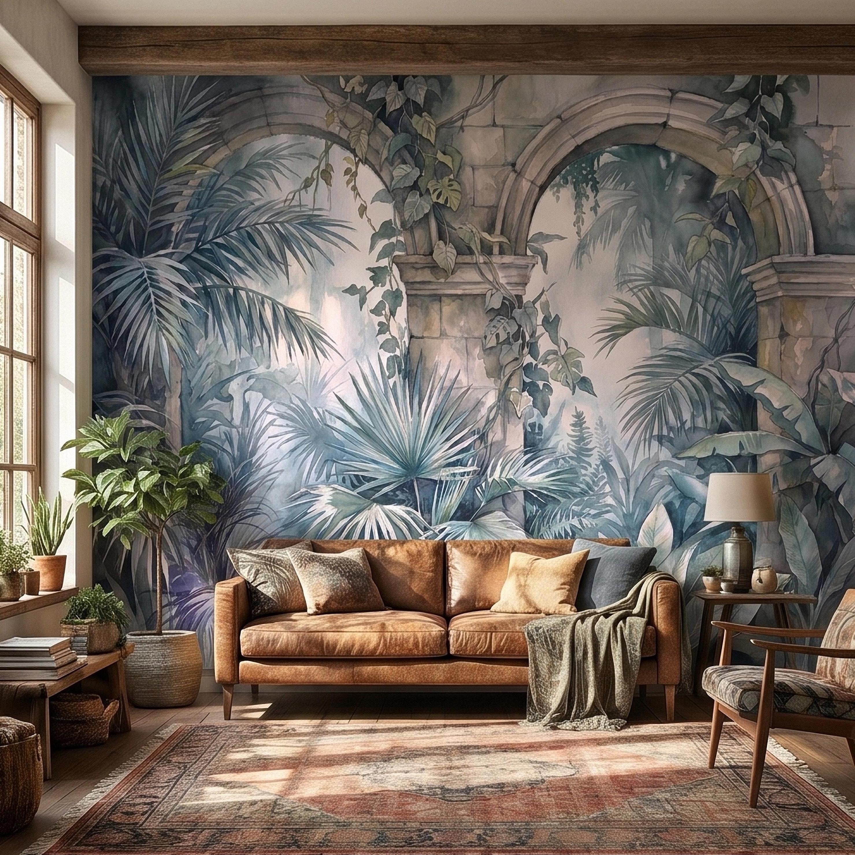 Watercolor Tropical Archway Peel and Stick Wall Mural, Misty Jungle Stone Ruins with Palms Vines & Ferns Moody Overgrown Botanical Wallpaper