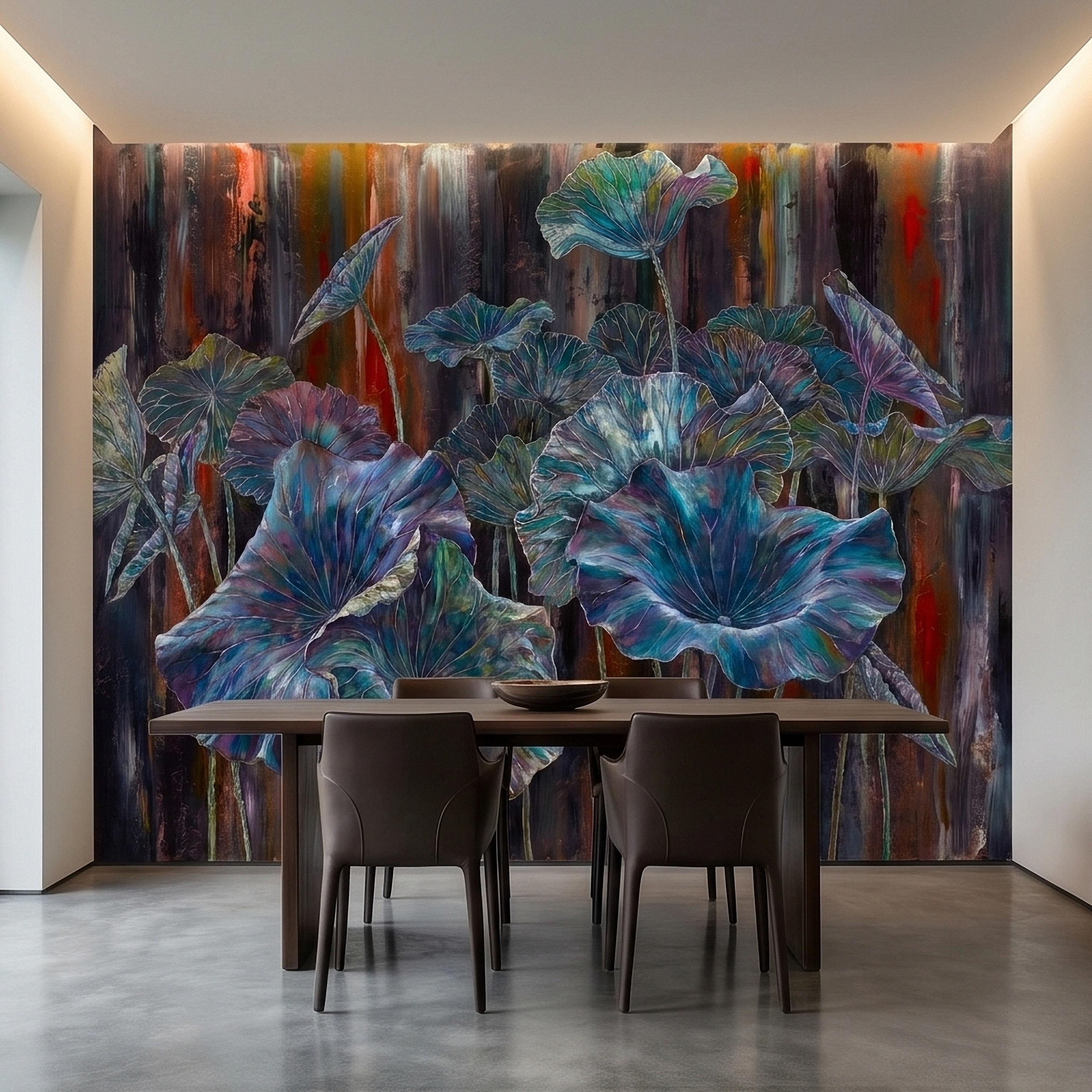 Iridescent Lotus Leaves Peel and Stick Wall Mural, Moody Dark Botanical Water Lily Painting, Teal Blue Purple Abstract Floral Art Wallpaper