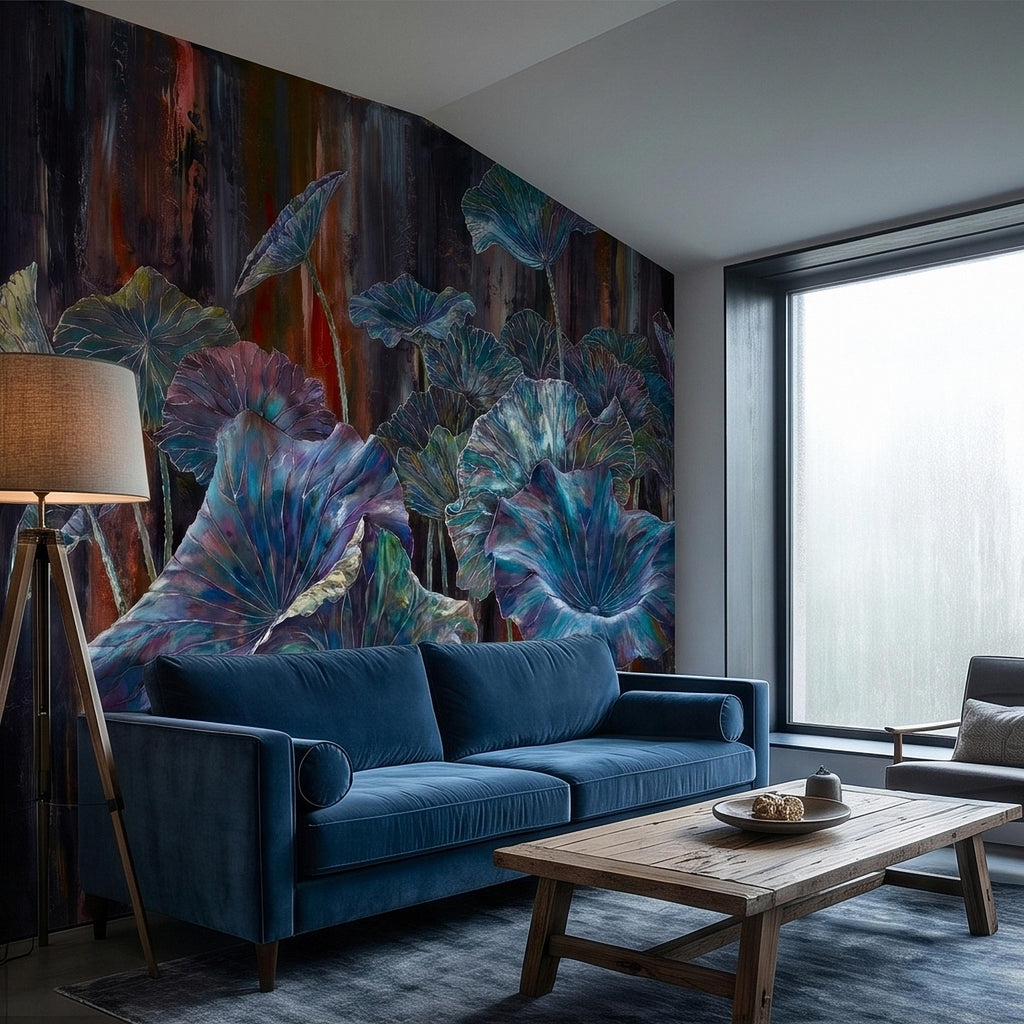 Iridescent Lotus Leaves Peel and Stick Wall Mural, Moody Dark Botanical Water Lily Painting, Teal Blue Purple Abstract Floral Art Wallpaper