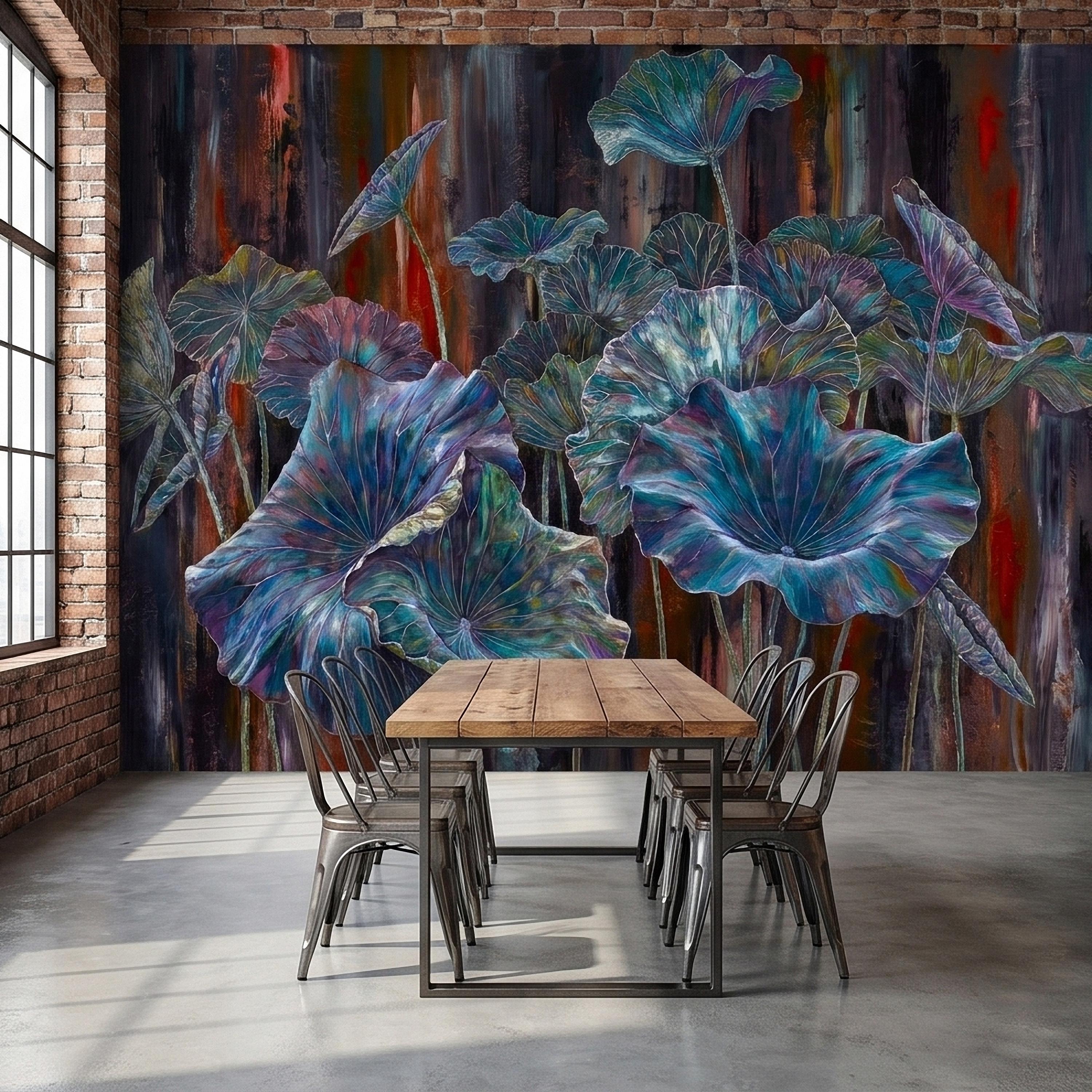Iridescent Lotus Leaves Peel and Stick Wall Mural, Moody Dark Botanical Water Lily Painting, Teal Blue Purple Abstract Floral Art Wallpaper