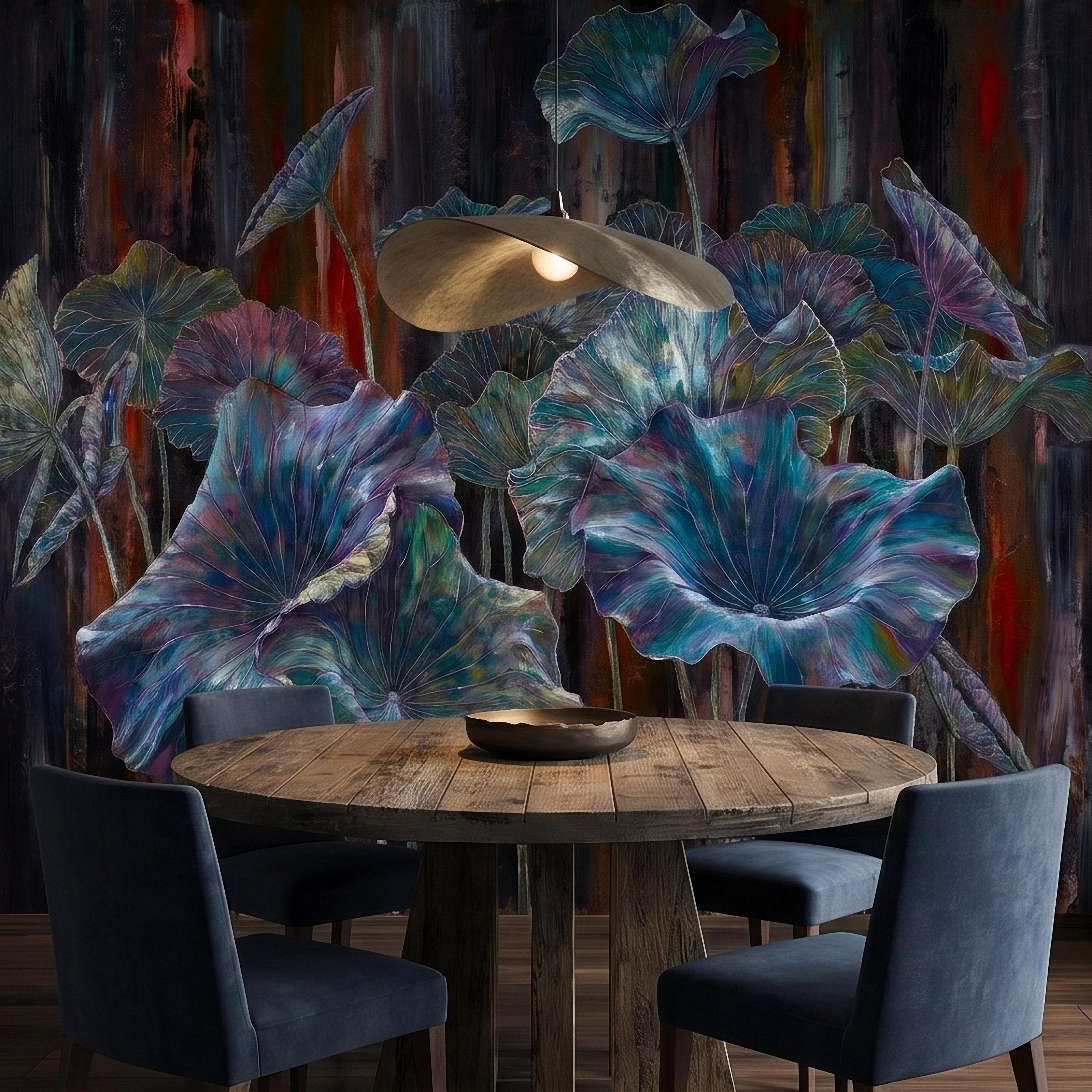Iridescent Lotus Leaves Peel and Stick Wall Mural, Moody Dark Botanical Water Lily Painting, Teal Blue Purple Abstract Floral Art Wallpaper