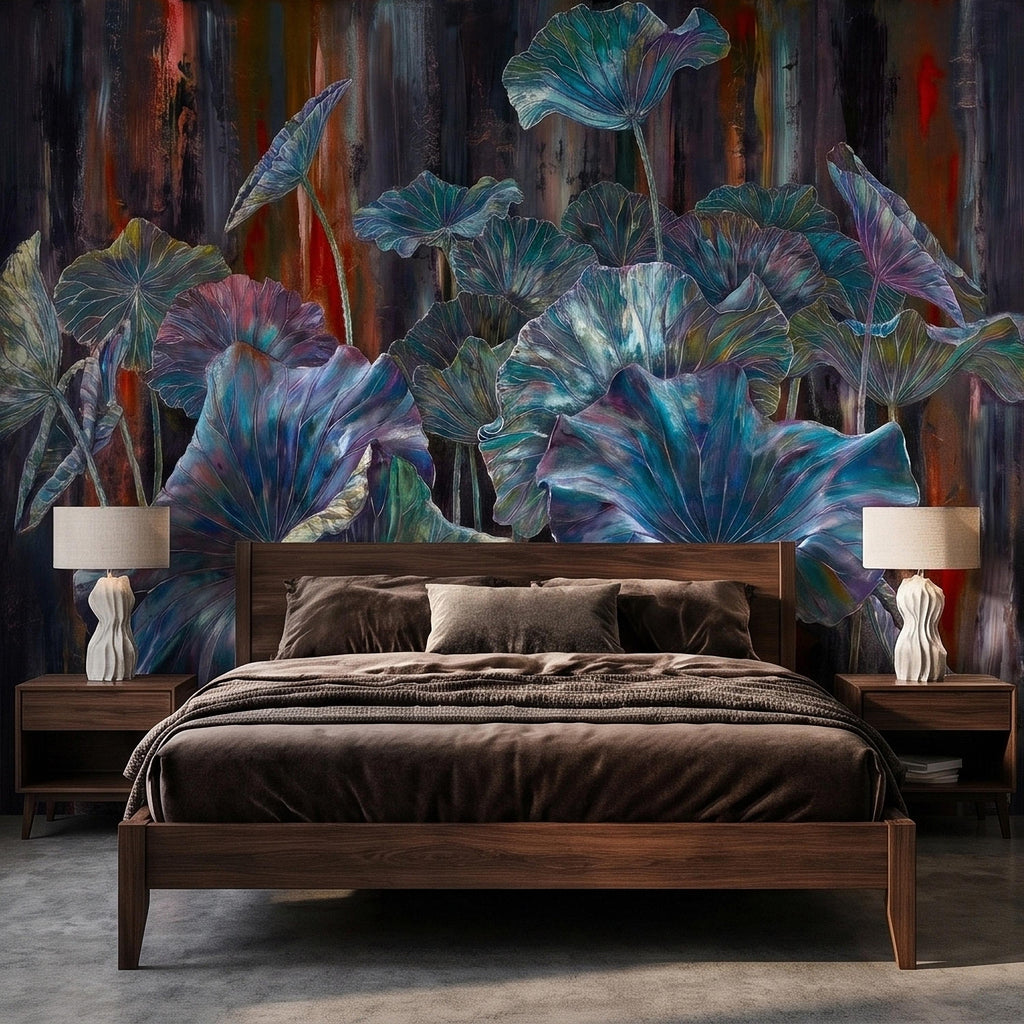 Iridescent Lotus Leaves Peel and Stick Wall Mural, Moody Dark Botanical Water Lily Painting, Teal Blue Purple Abstract Floral Art Wallpaper