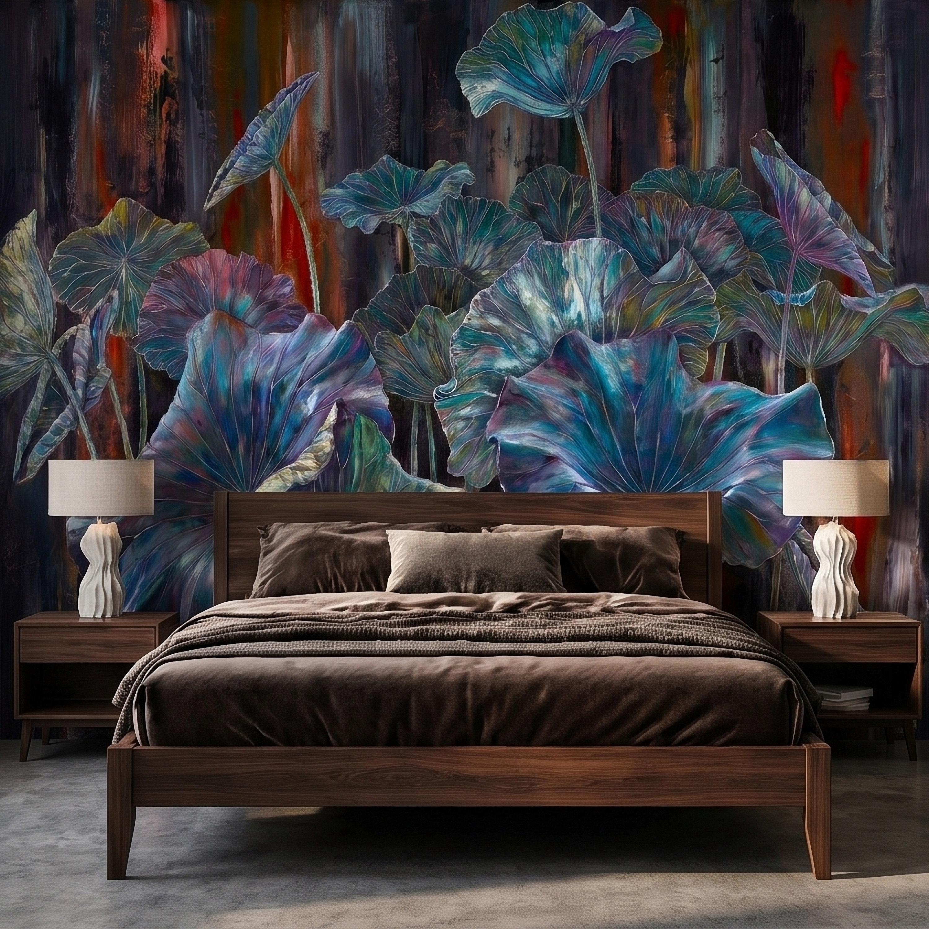 Iridescent Lotus Leaves Peel and Stick Wall Mural, Moody Dark Botanical Water Lily Painting, Teal Blue Purple Abstract Floral Art Wallpaper