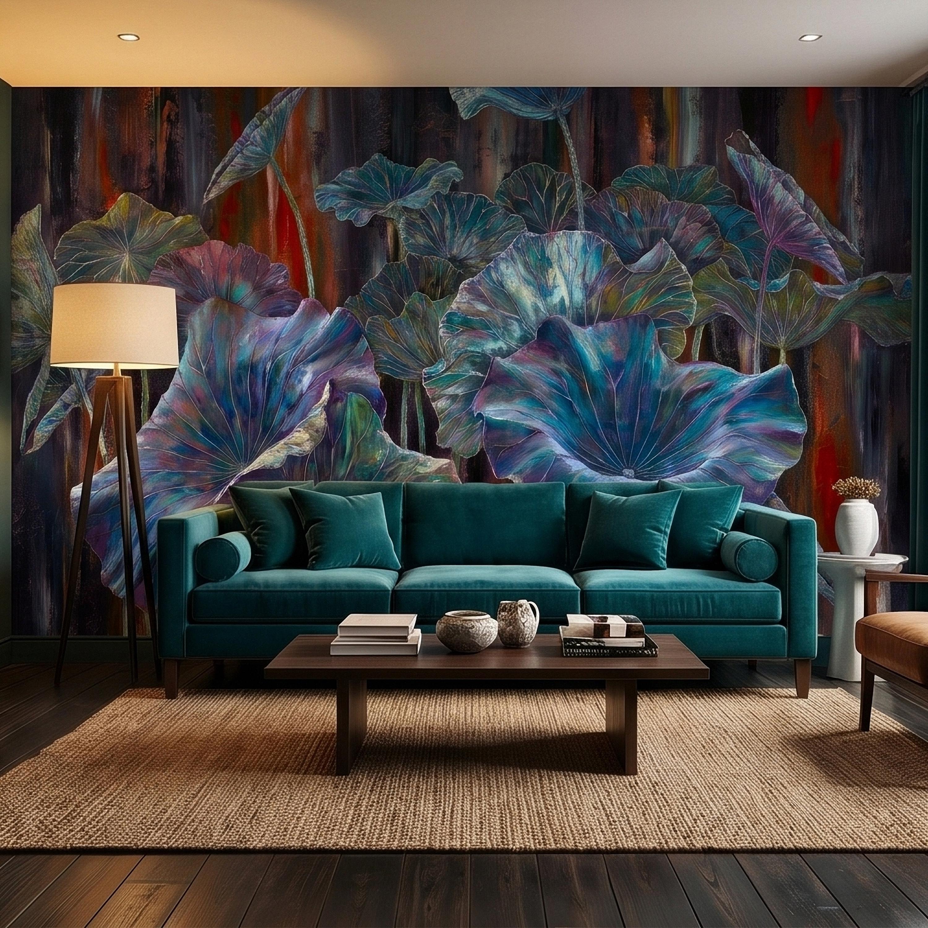 Iridescent Lotus Leaves Peel and Stick Wall Mural, Moody Dark Botanical Water Lily Painting, Teal Blue Purple Abstract Floral Art Wallpaper