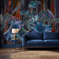 Iridescent Lotus Leaves Peel and Stick Wall Mural, Moody Dark Botanical Water Lily Painting, Teal Blue Purple Abstract Floral Art Wallpaper