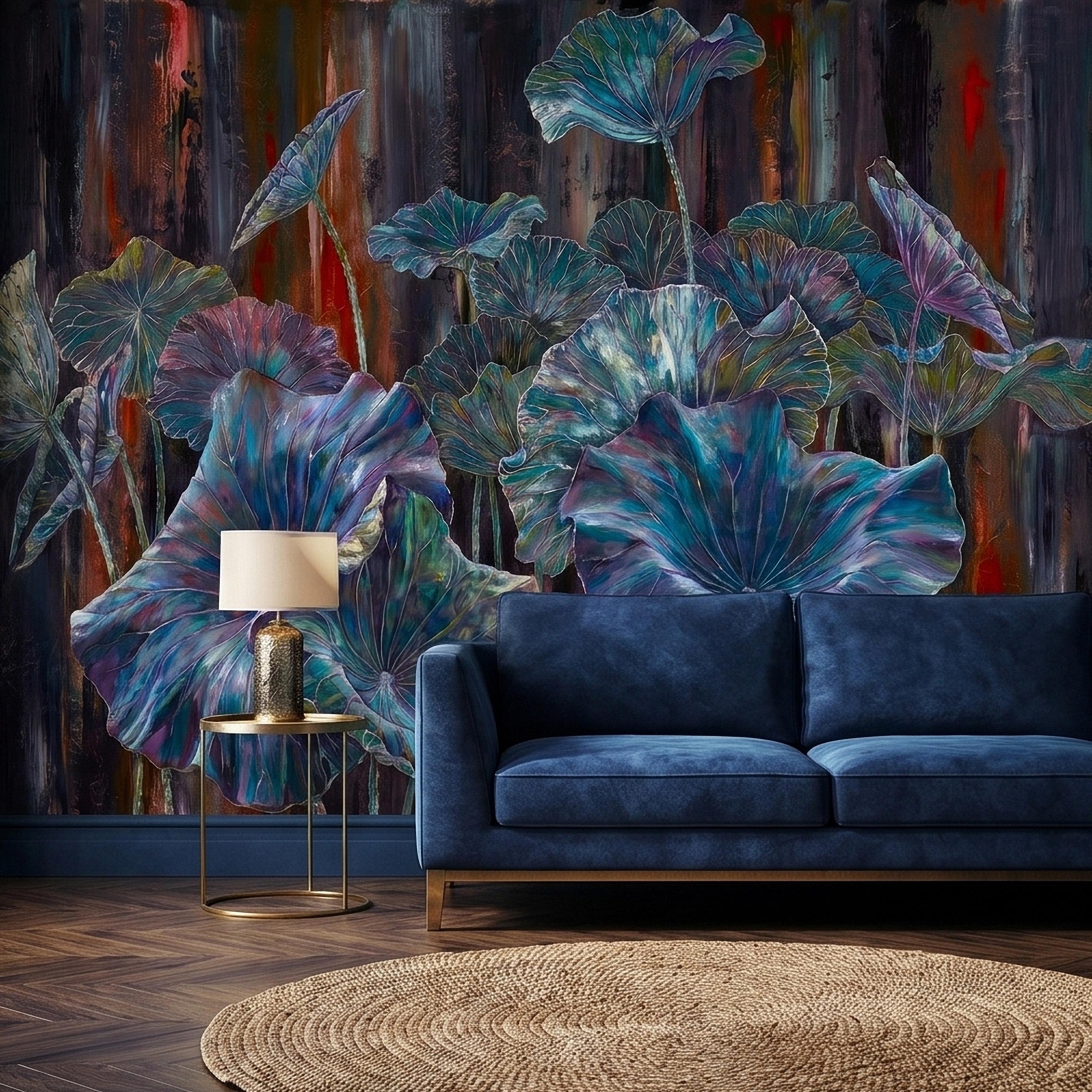 Iridescent Lotus Leaves Peel and Stick Wall Mural, Moody Dark Botanical Water Lily Painting, Teal Blue Purple Abstract Floral Art Wallpaper