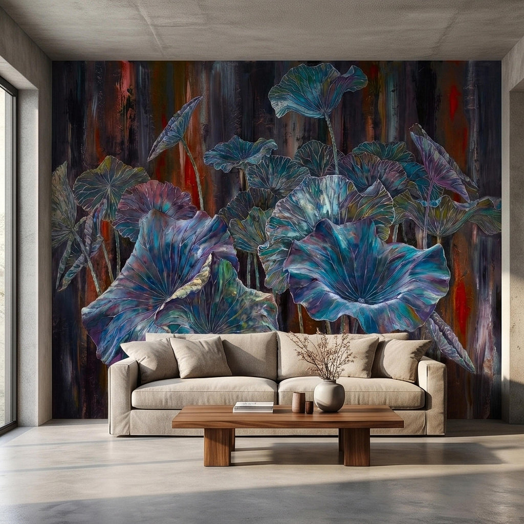 Iridescent Lotus Leaves Peel and Stick Wall Mural, Moody Dark Botanical Water Lily Painting, Teal Blue Purple Abstract Floral Art Wallpaper