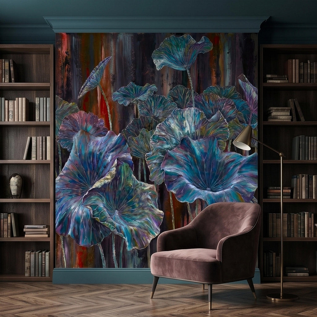 Iridescent Lotus Leaves Peel and Stick Wall Mural, Moody Dark Botanical Water Lily Painting, Teal Blue Purple Abstract Floral Art Wallpaper