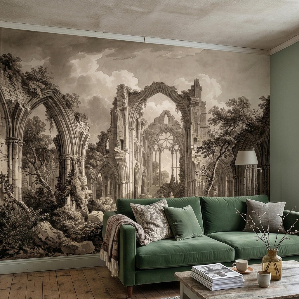 Gothic Abbey Ruins Peel and Stick Wall Mural, Vintage Sepia Architectural Drawing, Ancient Cathedral Arches, Romantic Landscape Wallpaper