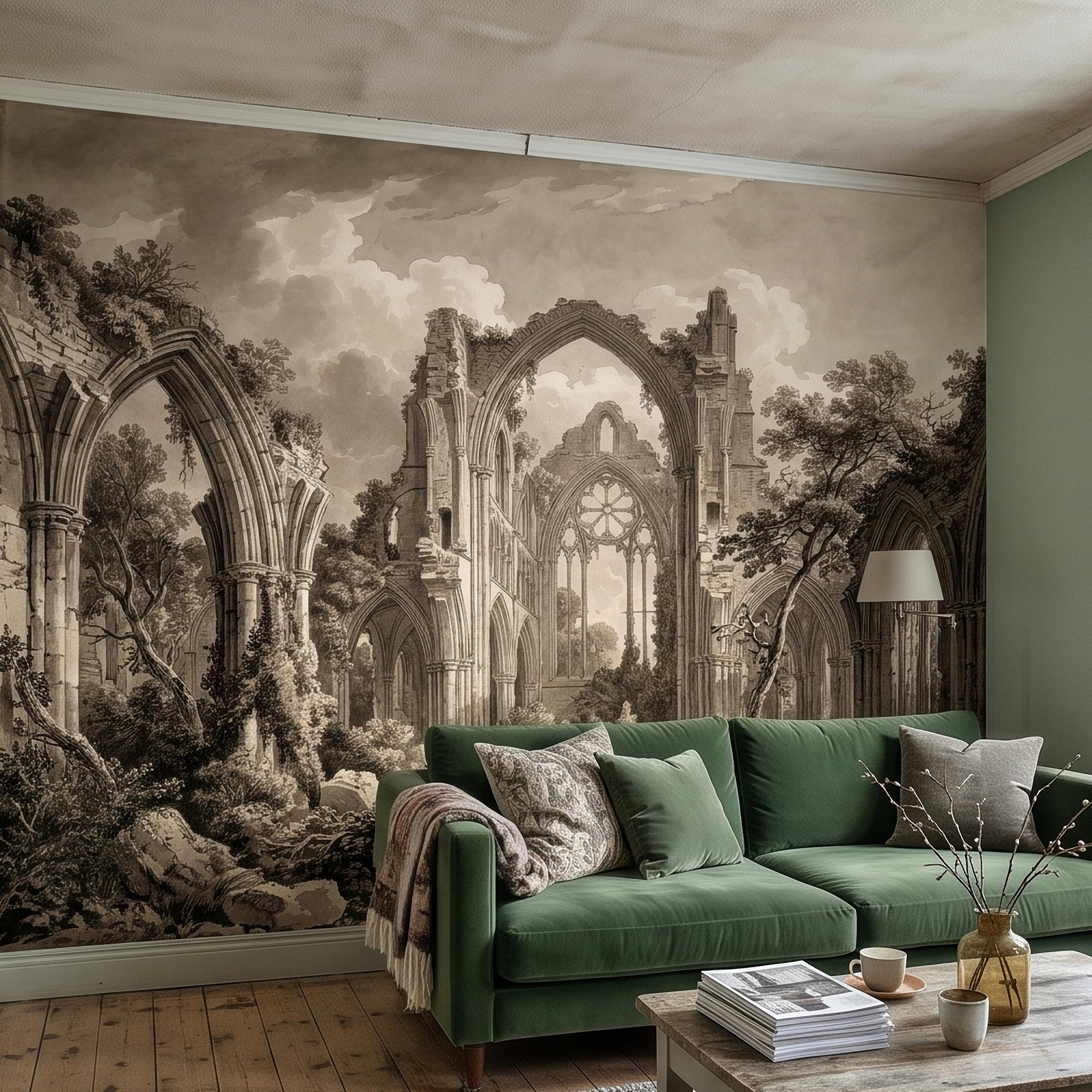 Gothic Abbey Ruins Peel and Stick Wall Mural, Vintage Sepia Architectural Drawing, Ancient Cathedral Arches, Romantic Landscape Wallpaper