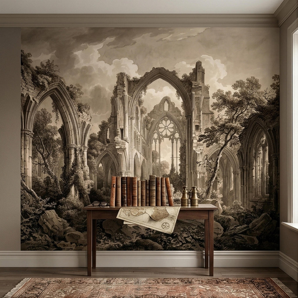 Gothic Abbey Ruins Peel and Stick Wall Mural, Vintage Sepia Architectural Drawing, Ancient Cathedral Arches, Romantic Landscape Wallpaper